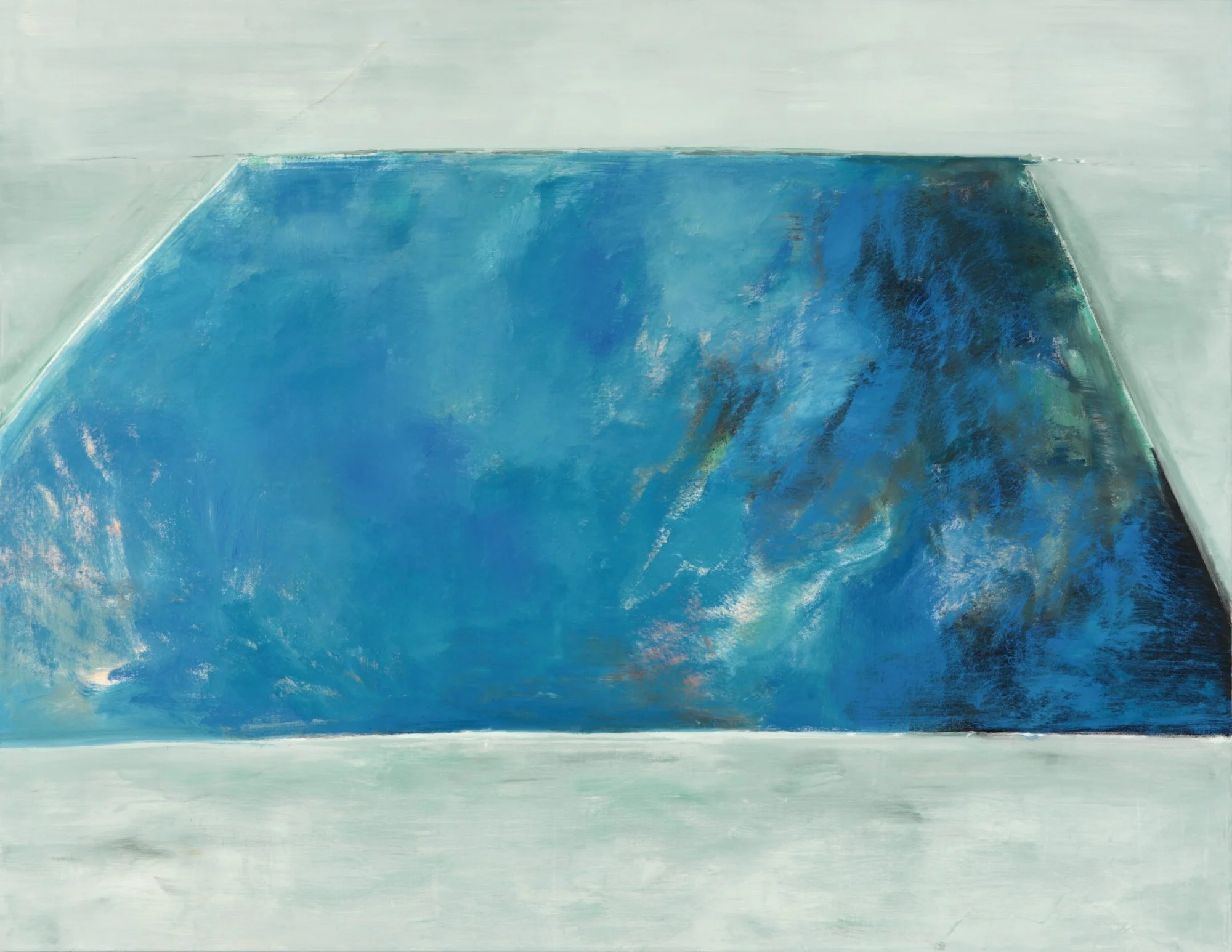 An abstract painting with shades of blue and gray, featuring broad brushstrokes and a slightly textured surface.