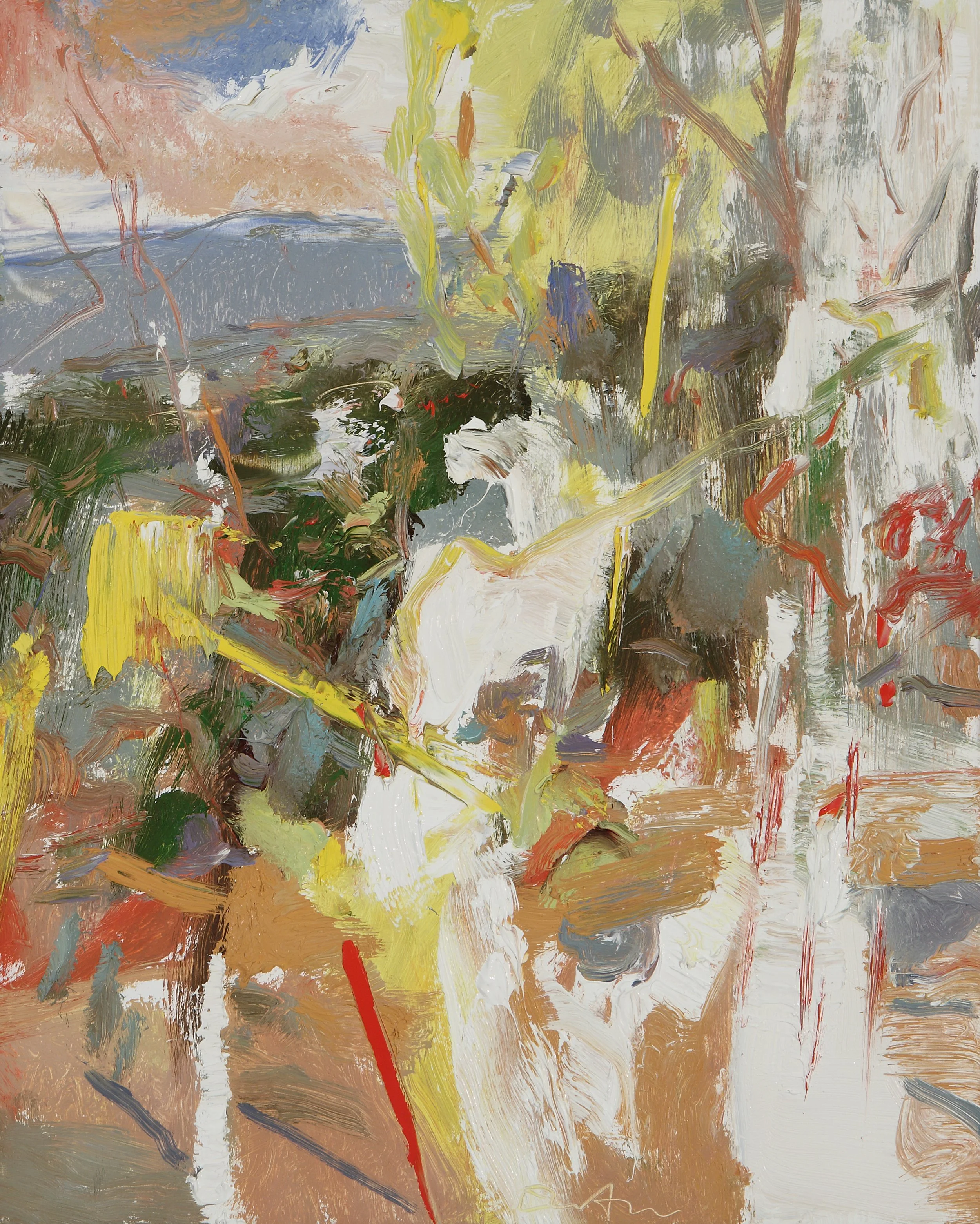 Abstract expressionist painting with bold brushstrokes in shades of yellow, white, red, brown, green, black, and blue.