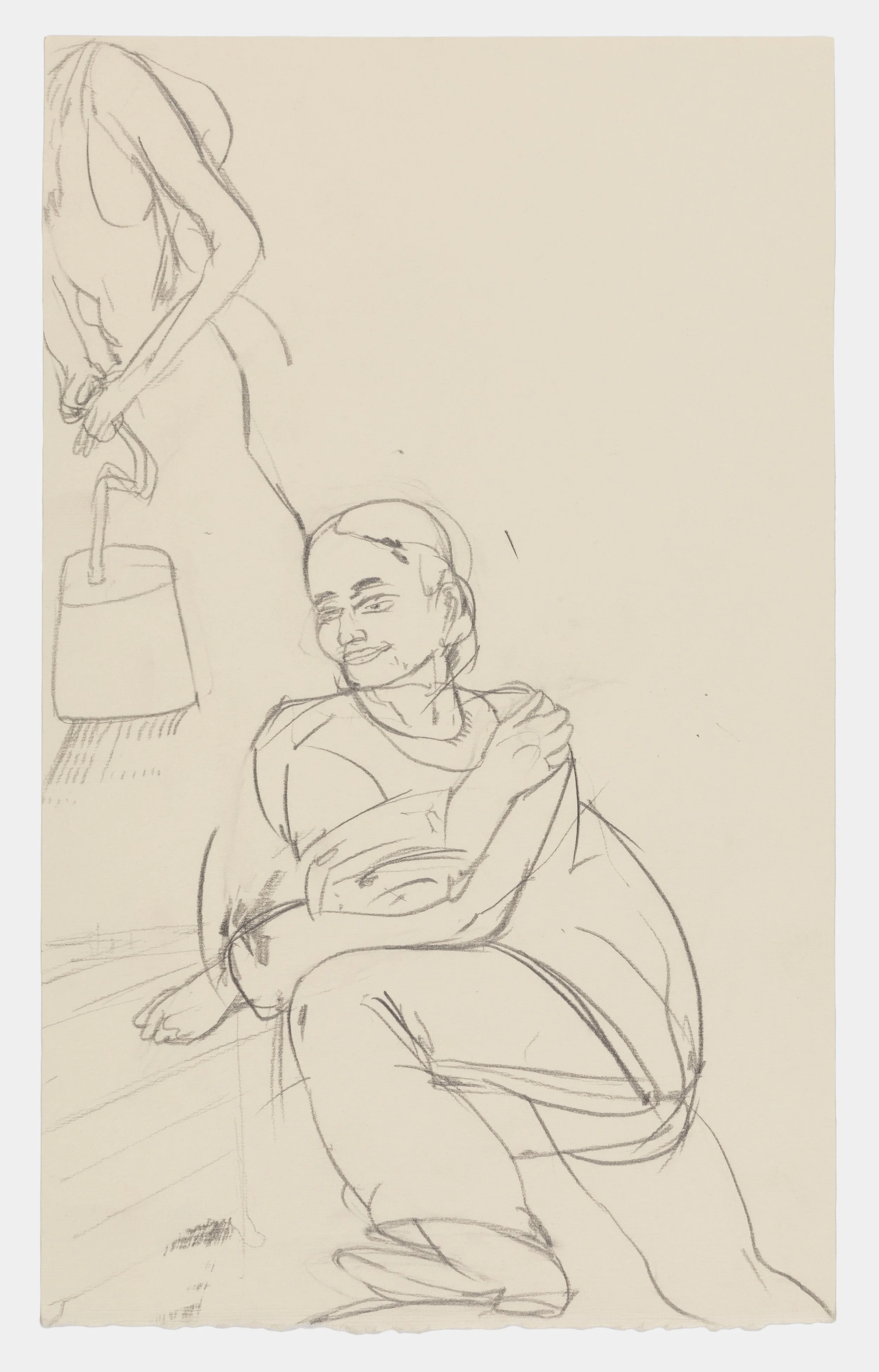 A sketch of a woman sitting on a chair with her arms crossed over her knees, smiling and looking to her left. There is another partial figure of a woman in the background, standing next to a table with a lamp.