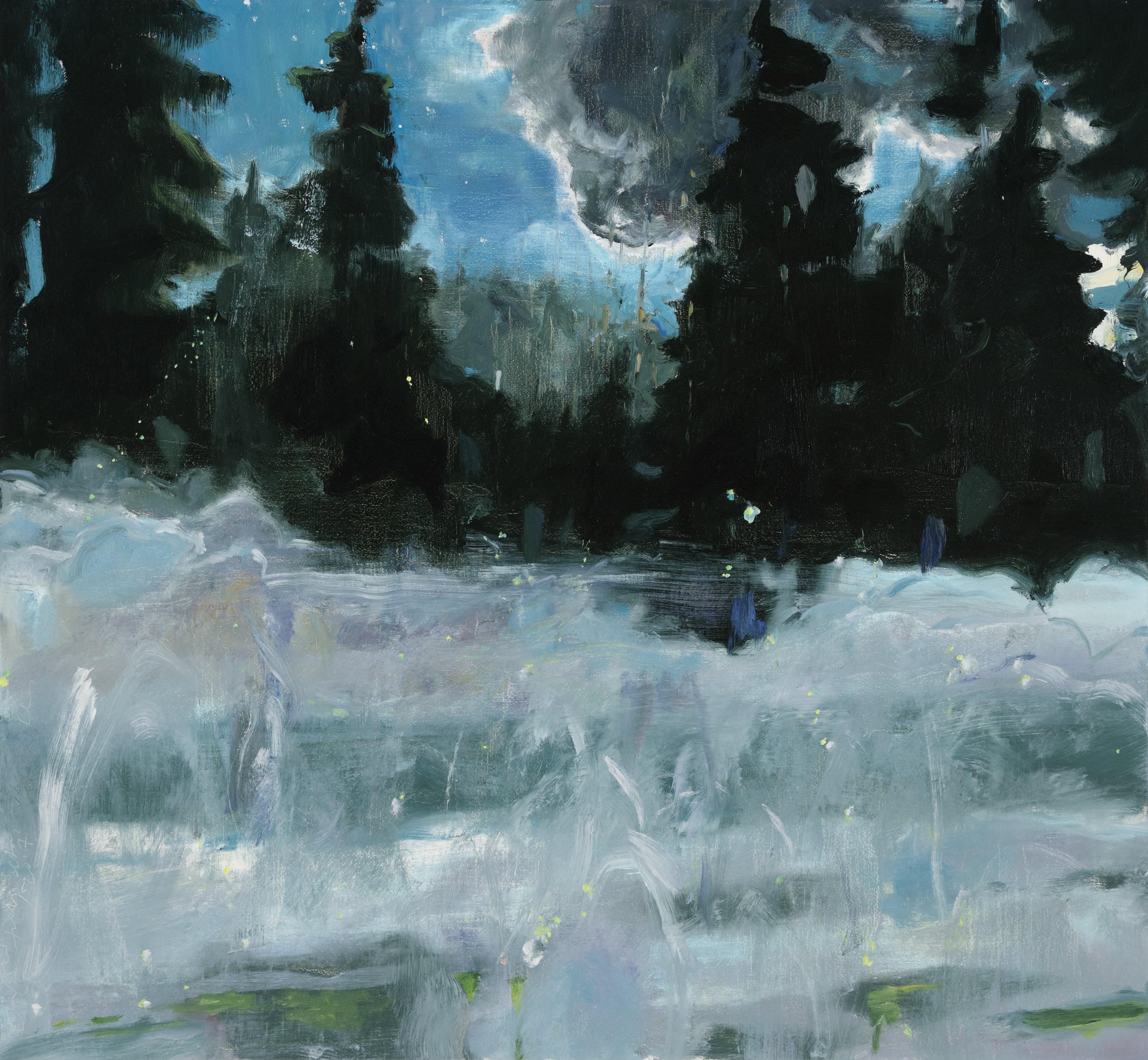 An abstract painting with dark green and black trees, a bright blue sky with white and gray clouds, and a reflective water scene at the bottom.
