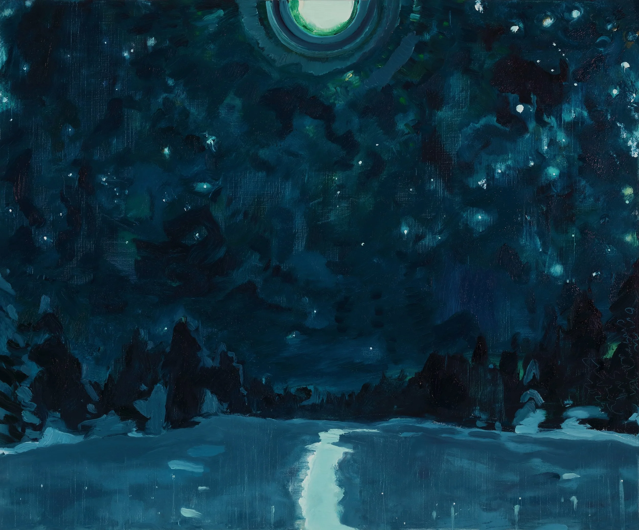 An abstract painting of a starry night sky with a large, bright moon at the top center, shades of blue, green, and white throughout.