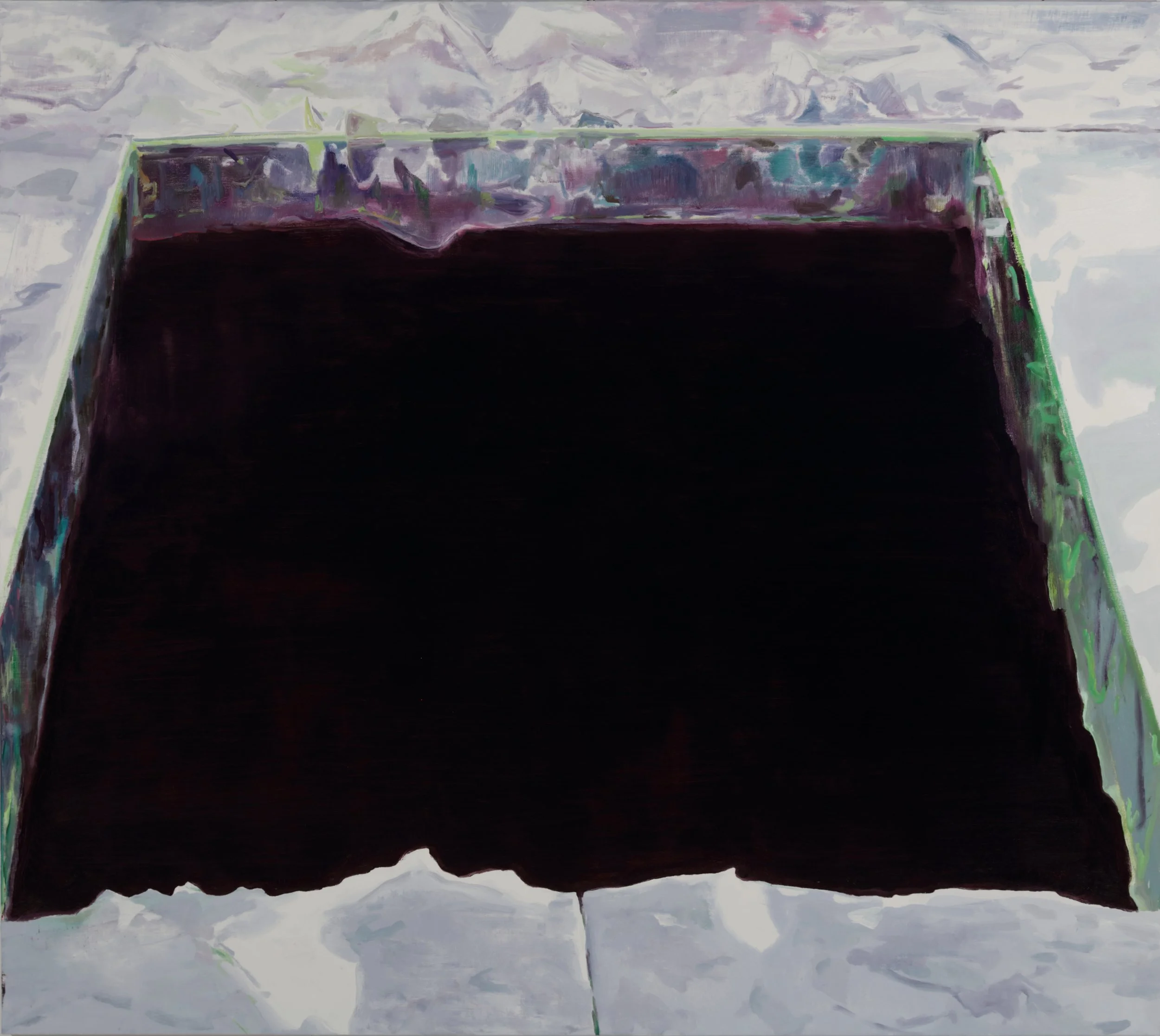 An abstract painting with a dark central rectangle, surrounded by lighter, cloud-like colors in shades of white, gray, and hints of purple and green.