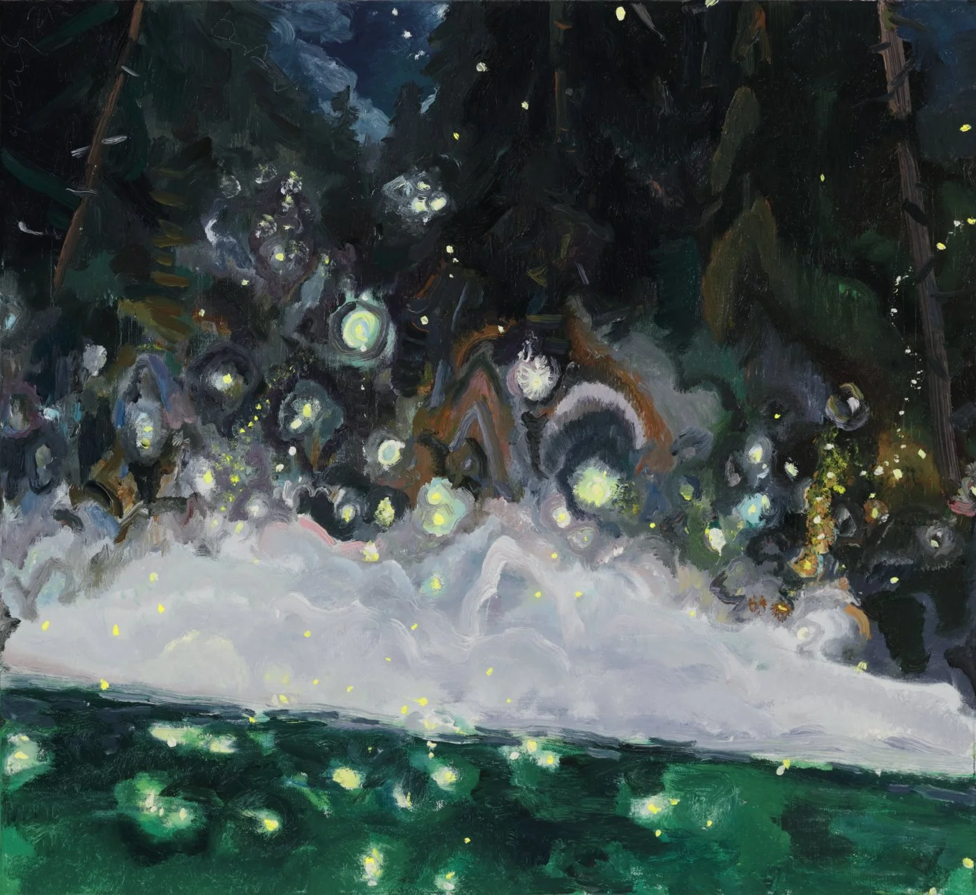 A painting of a dark forest scene illuminated by fireflies, with a small body of water reflecting the light at the bottom.