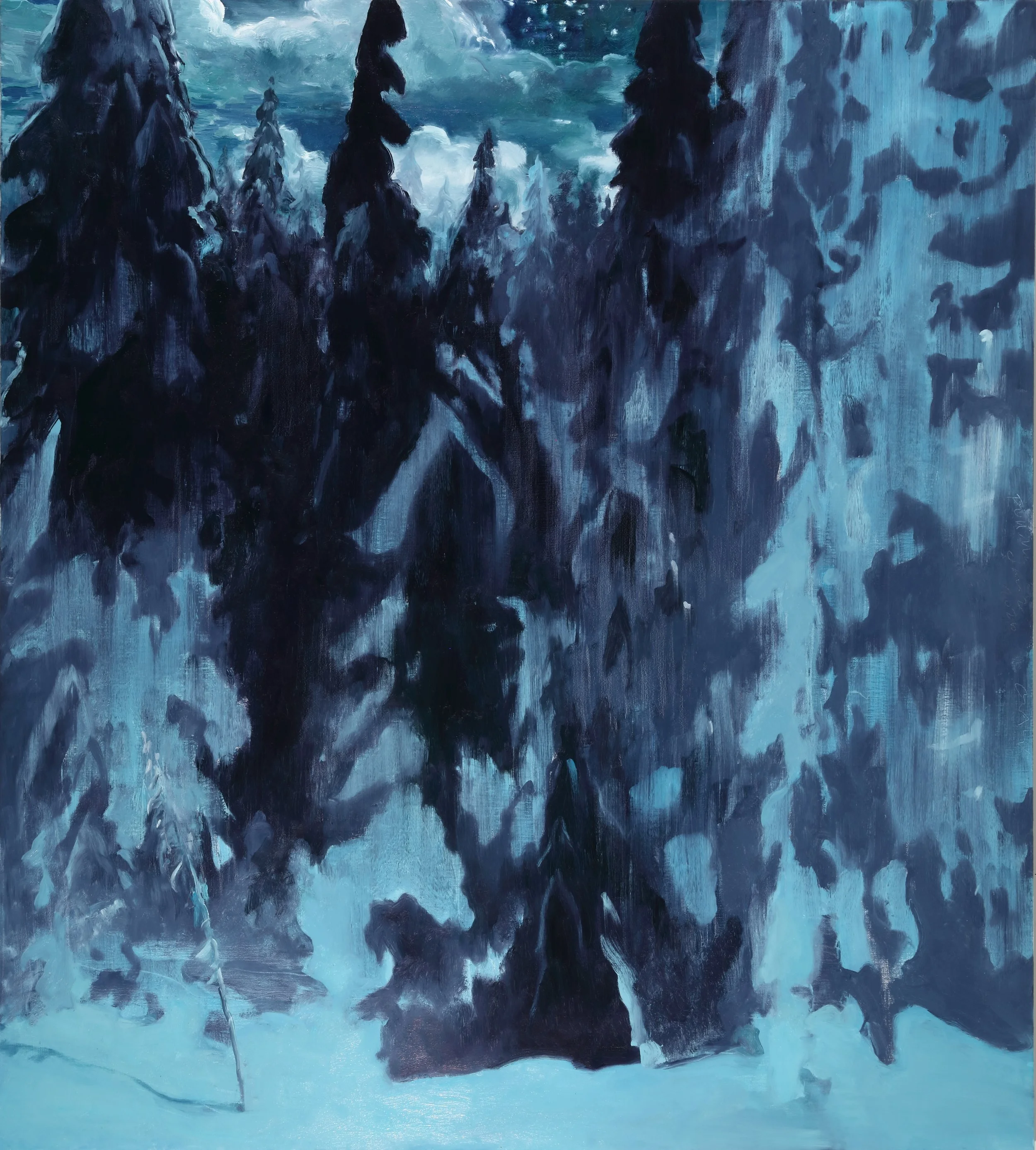 A painting of a wintery landscape with a frozen lake and snow-covered trees, overlooking a mountain range.