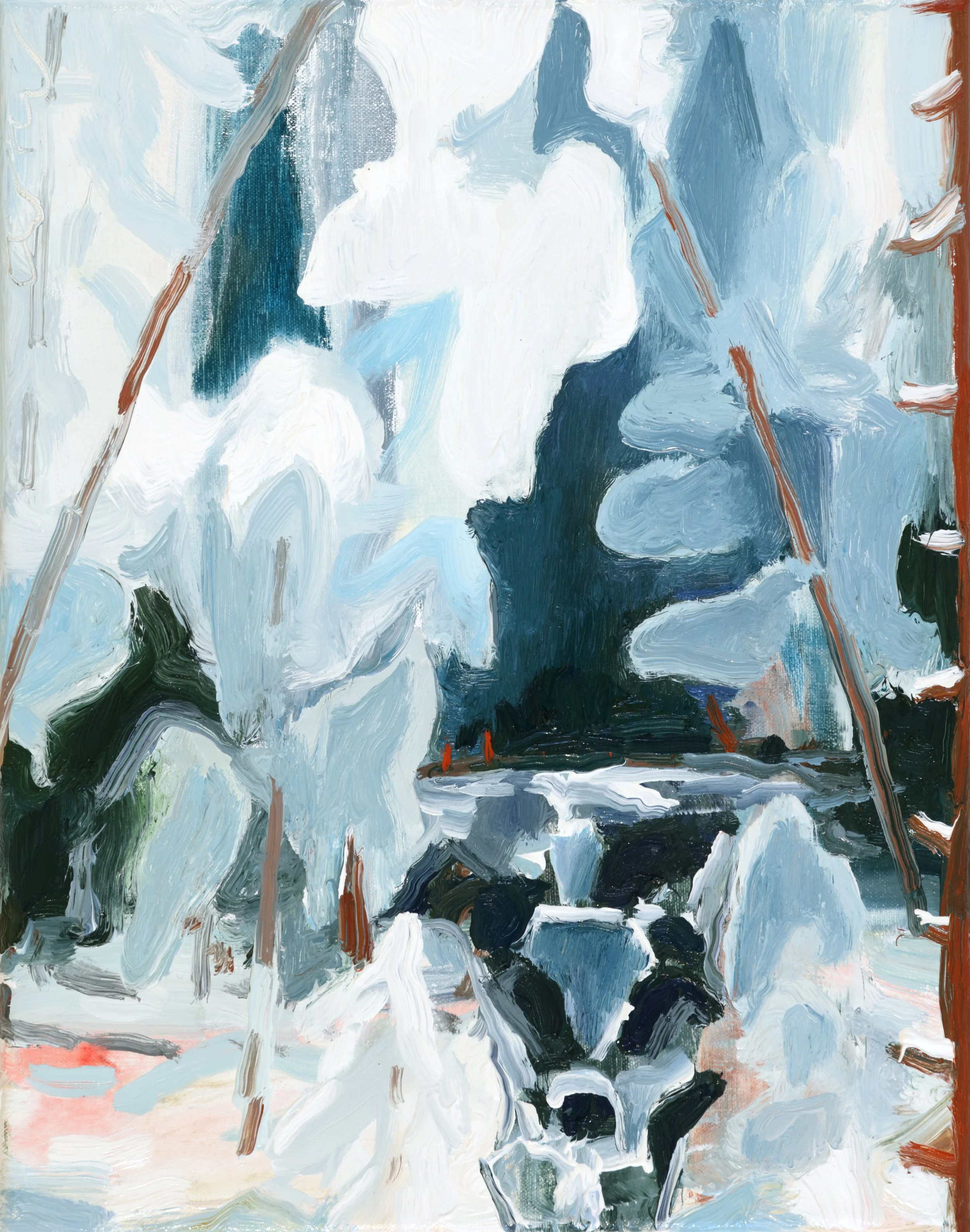 An abstract painting with a color palette of white, blue, black, brown, and hints of red. The painting features broad, expressive brushstrokes and swirling patterns, creating a dynamic, textured composition.