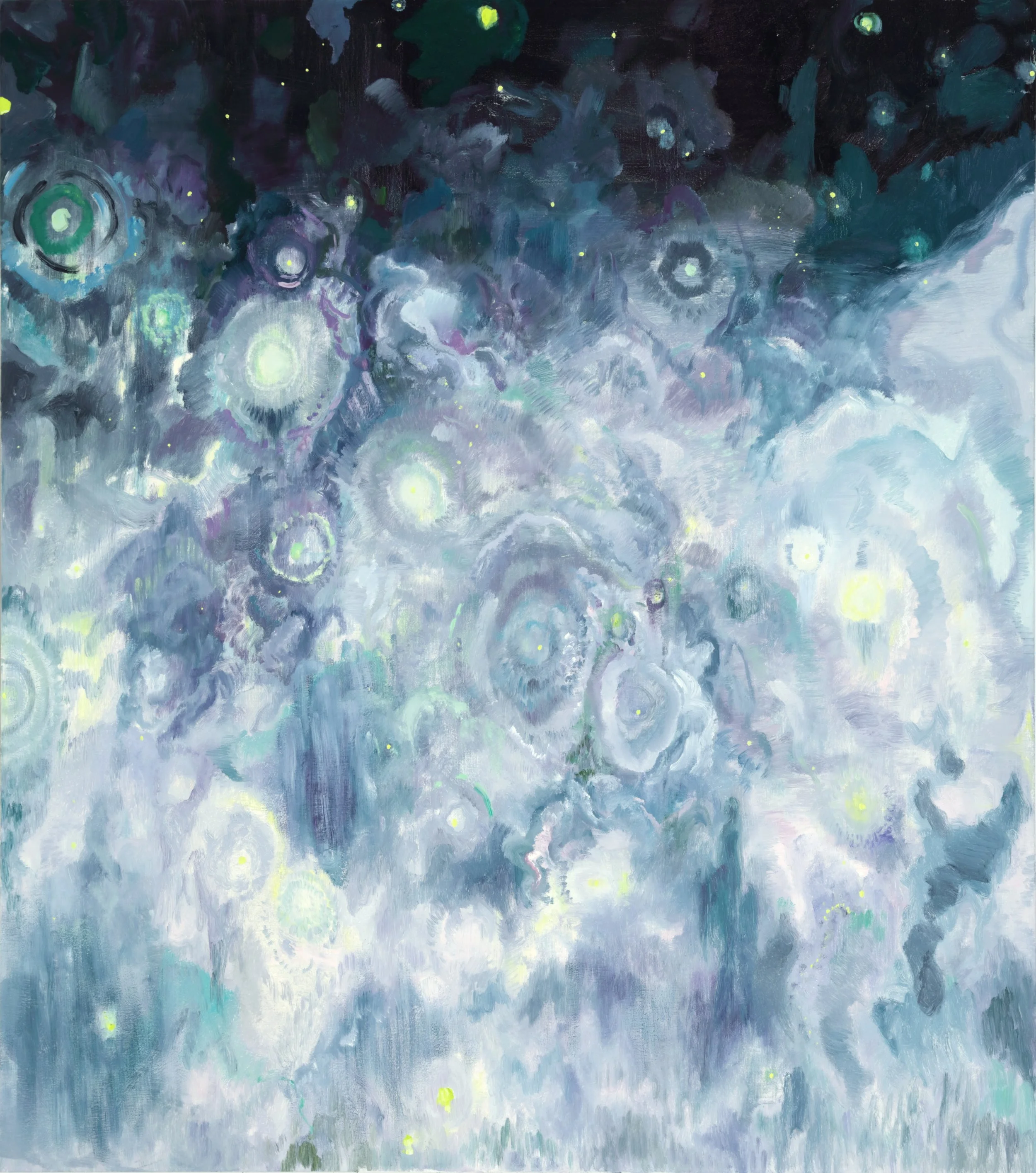 A painting of a starry night sky with swirling clouds and bright stars, reminiscent of Vincent van Gogh's style.