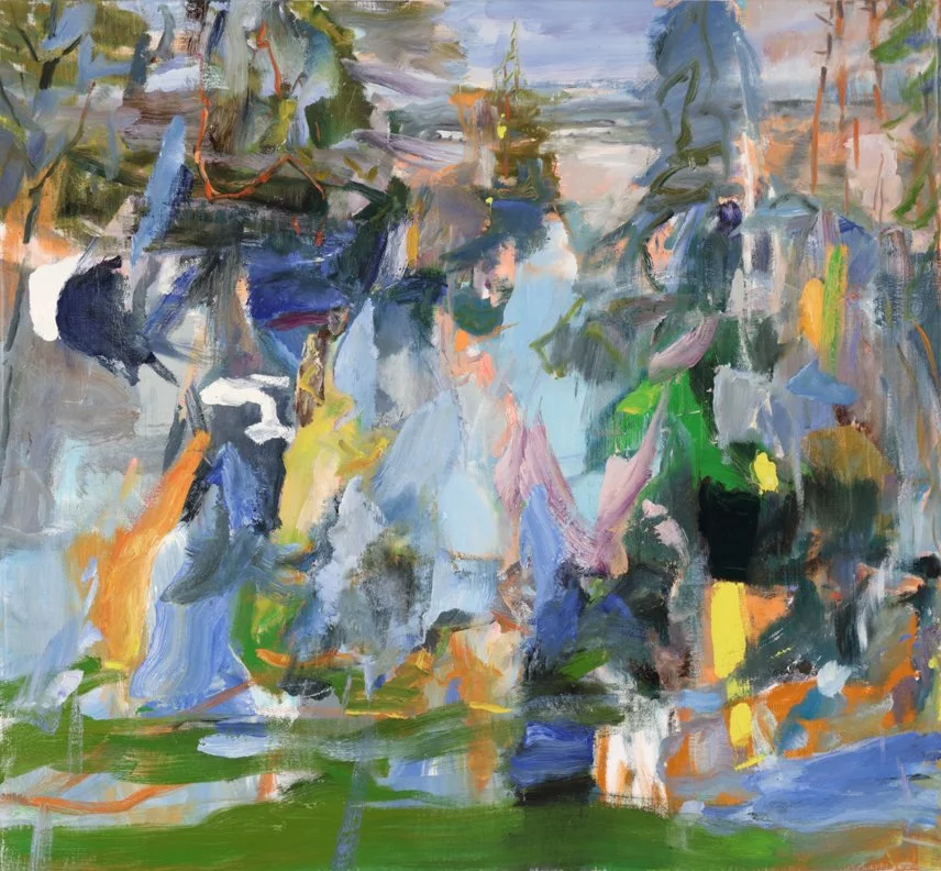 Abstract landscape painting with trees, water, and reflections using vibrant colors like green, blue, yellow, and orange.