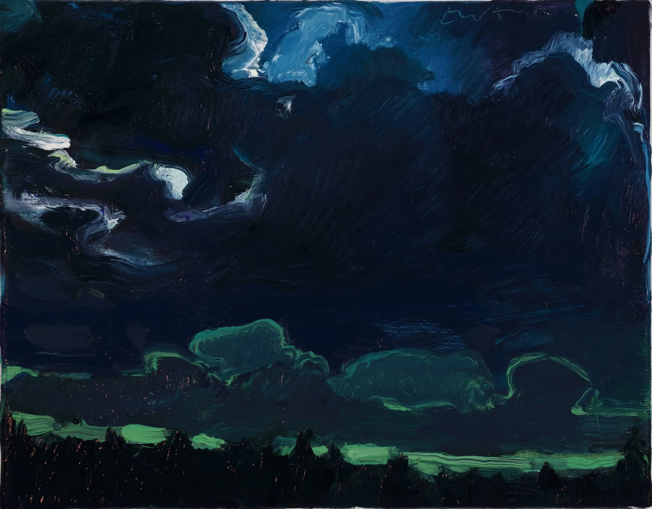 Abstract painting with dark blue, black, white, and faint green brushstrokes.