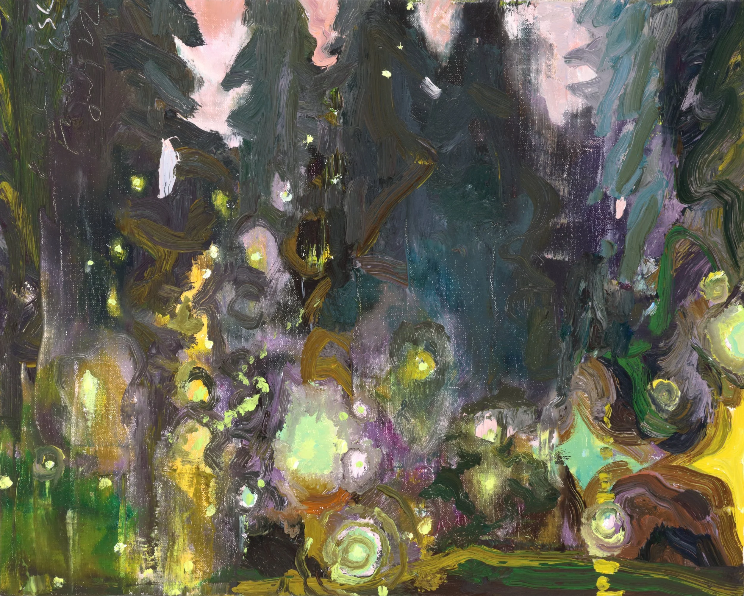 An abstract painting with swirling brushstrokes in dark green, purple, yellow, and light pink, featuring glowing yellow-green spots throughout.