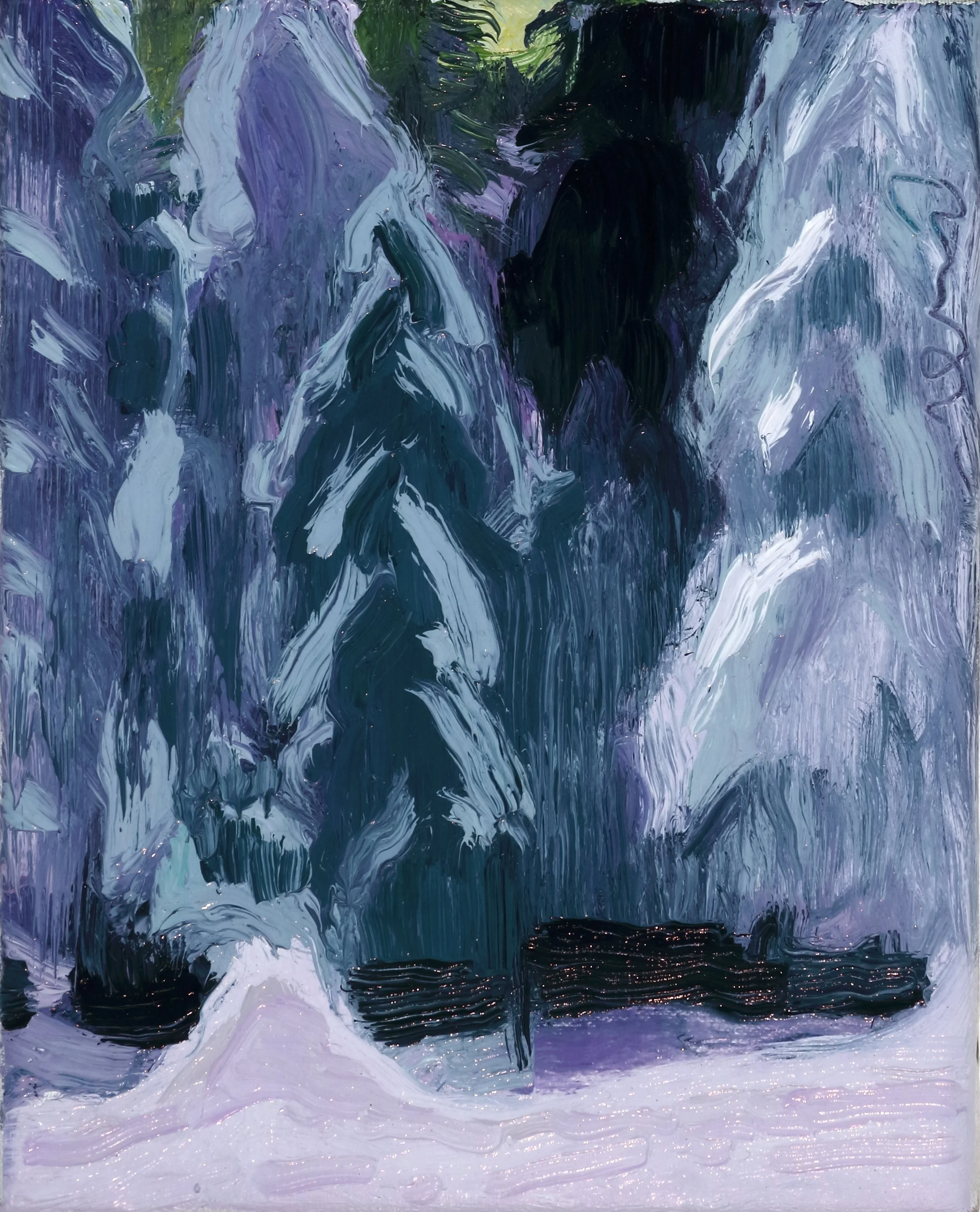 A snowy scene with a black dog standing in front of a waterfall or flowing water, surrounded by trees, depicted with thick, textured brushstrokes in shades of purple, blue, and white.