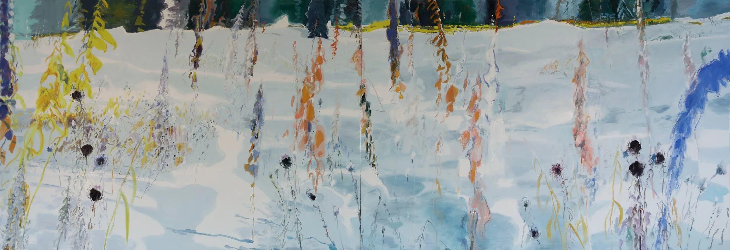 Abstract painting of a winter landscape with snow-covered ground, trees in the background, and colorful wildflowers in the foreground.