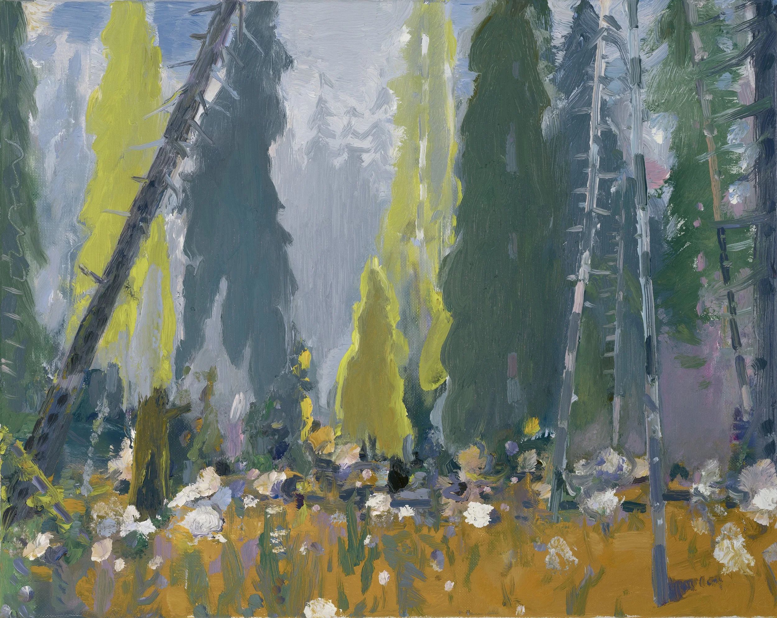 An impressionistic painting of a forest scene with tall trees and white flowers on the ground, featuring vibrant and textured brushstrokes.