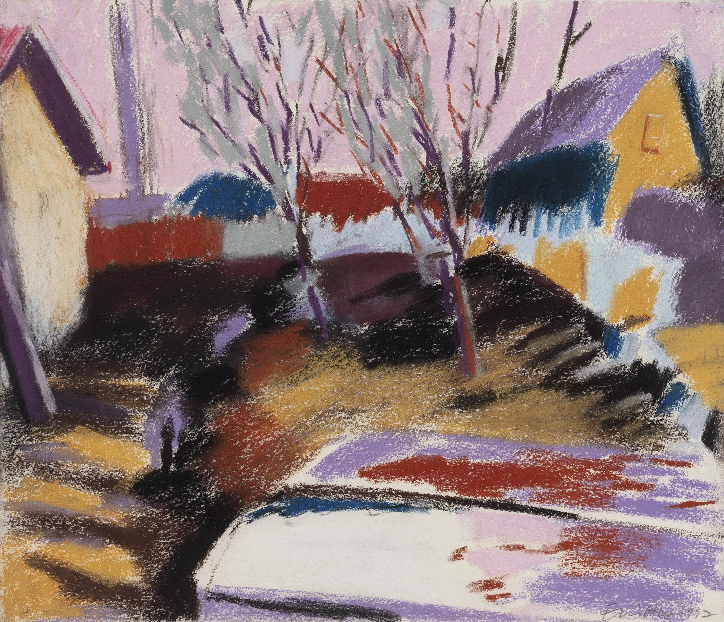 Pastel drawing of a scene with trees, houses with sloped roofs, and a colorful landscape with abstract brushstrokes using purple, red, yellow, and blue colors.