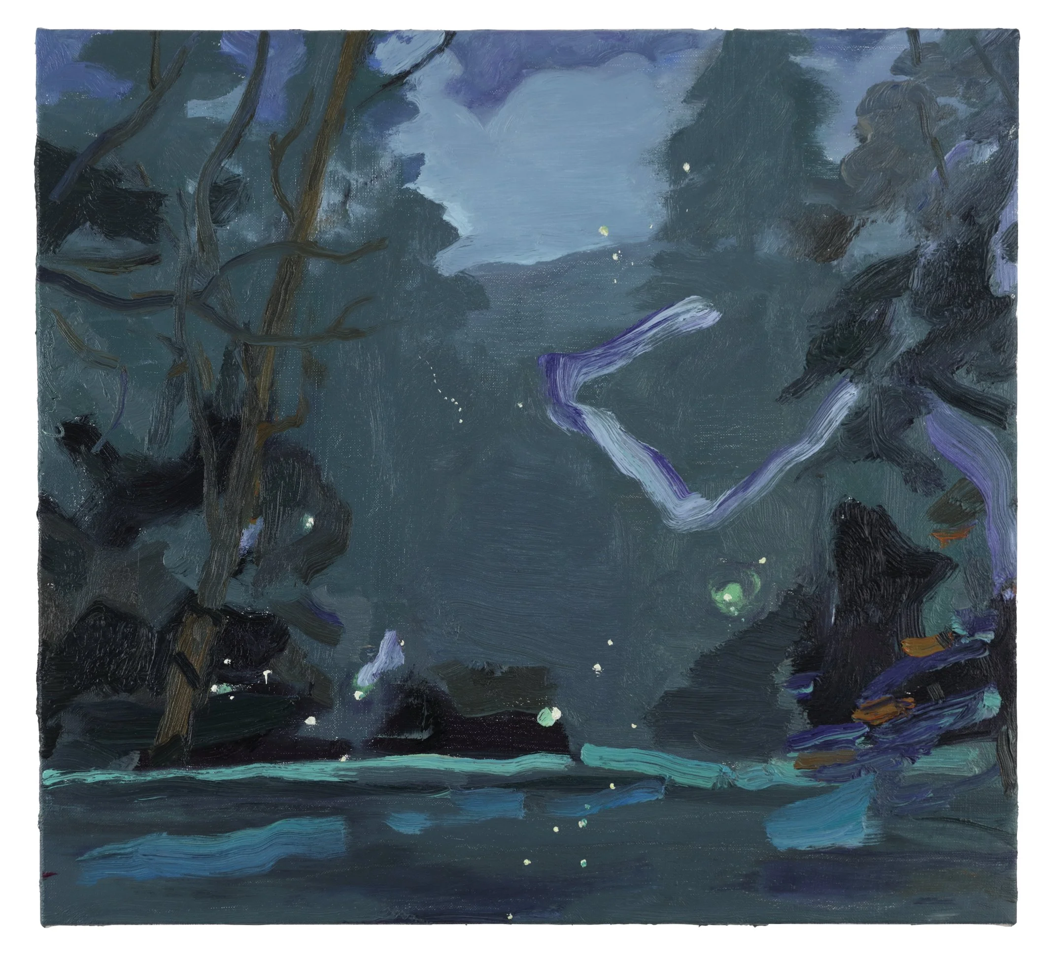 Abstract painting with dark blues, purples, black, green, and some light green and white dots and streaks.