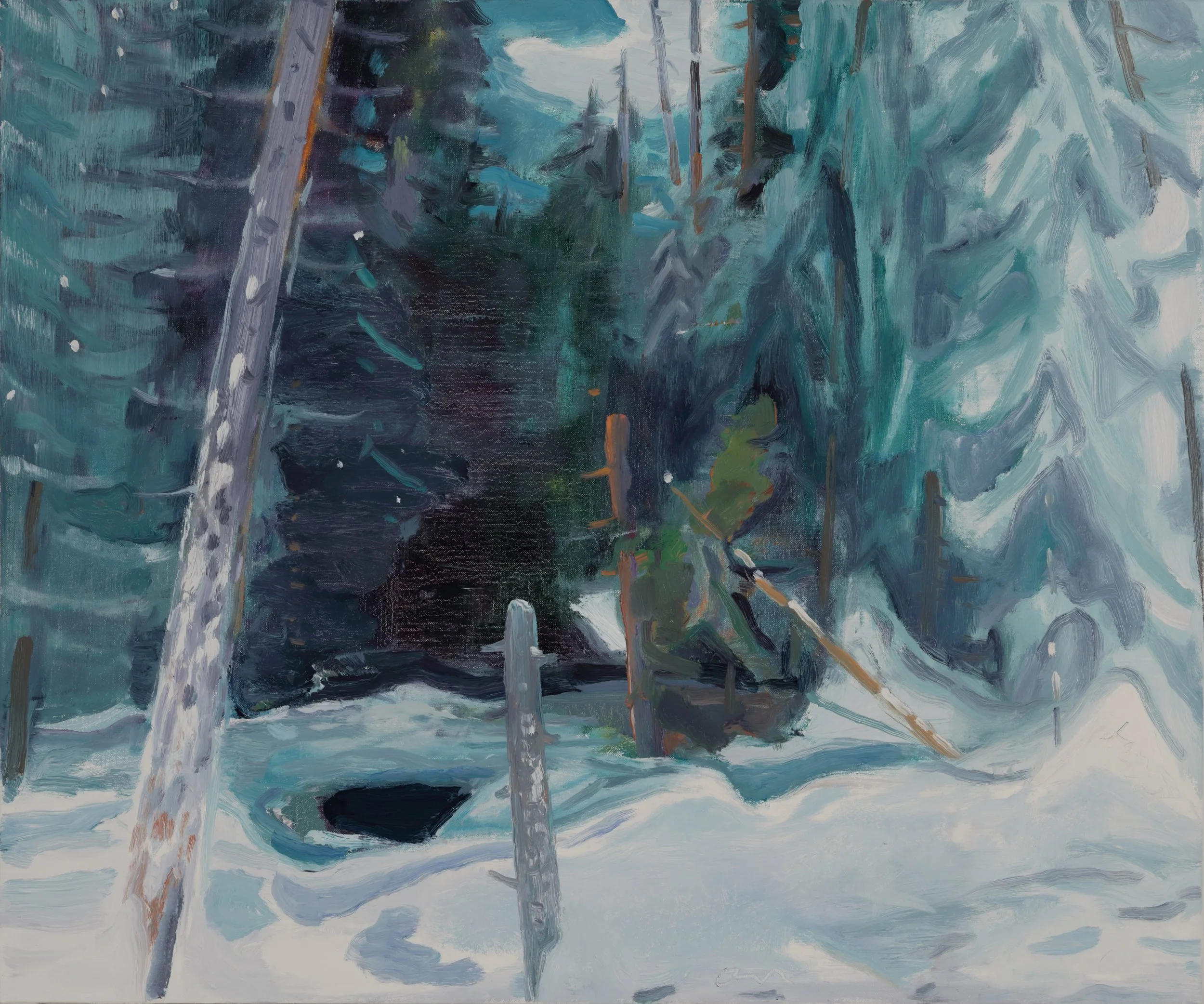 A painting of a forest scene with tall trees, some with snow on the ground, painted in an impressionistic style with broad, textured brushstrokes and a cool color palette of blues, greens, and whites.