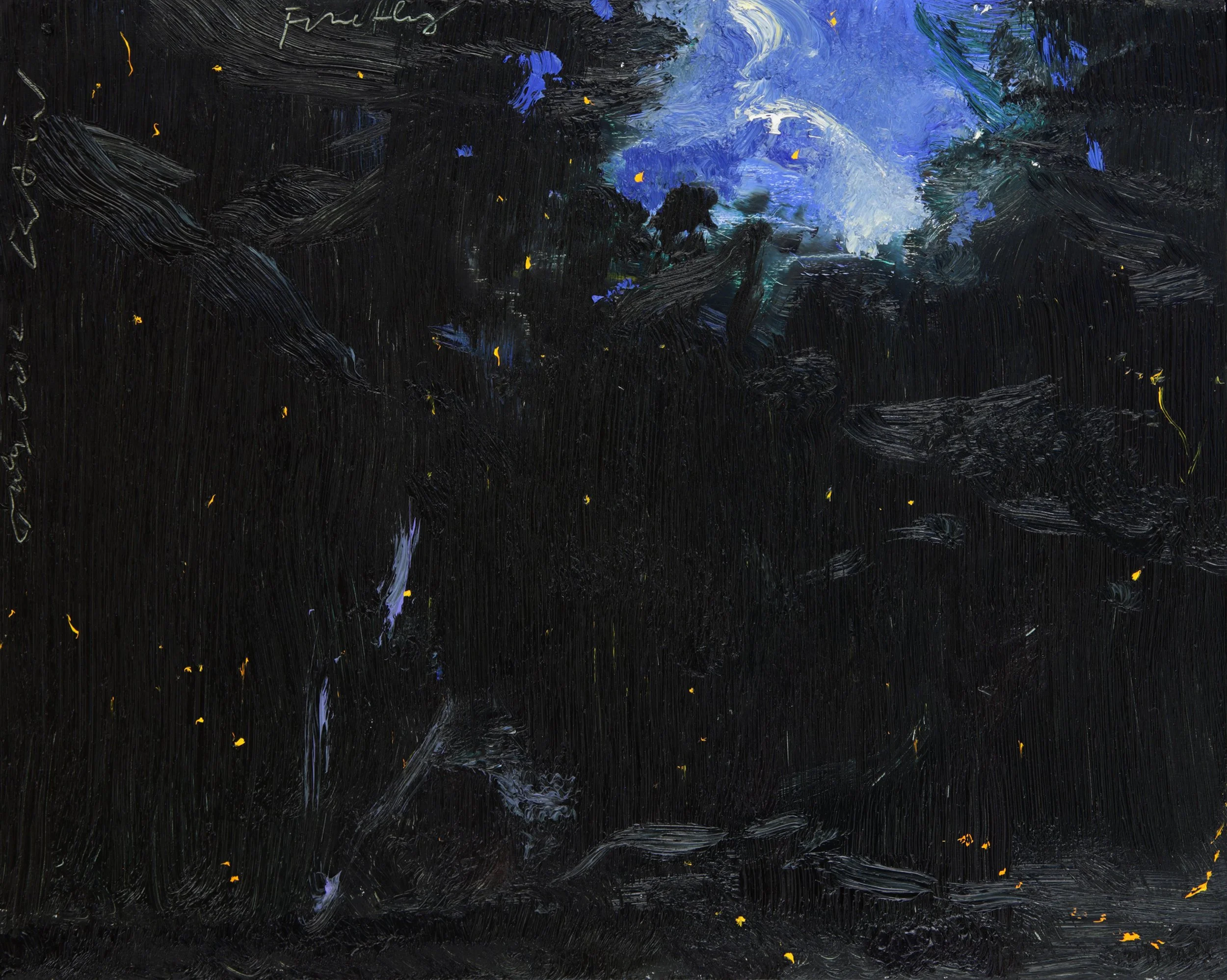 An abstract painting with dark background, swirling blue and white in the center, and small yellow details scattered throughout.