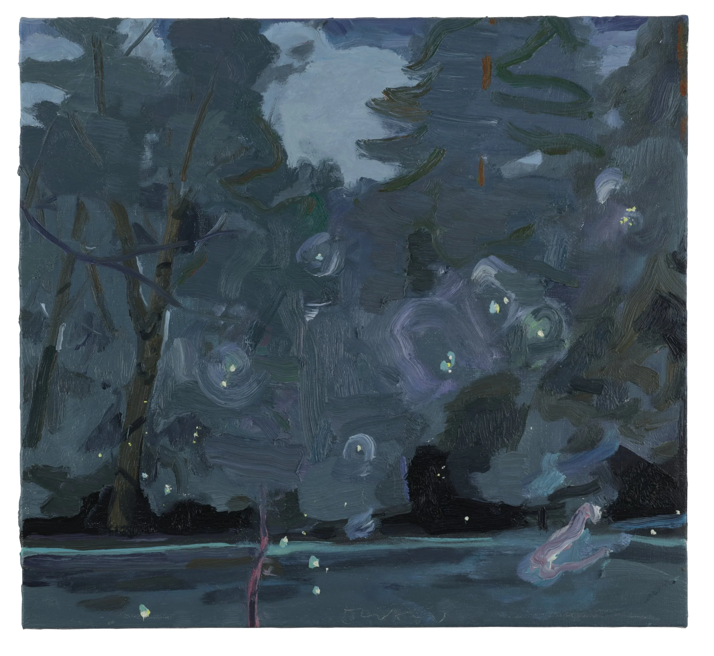 A painting of a dark, abstract landscape with swirling brushstrokes and scattered small yellow and white dots.