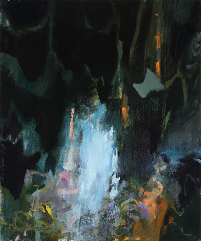 Abstract painting with dark green and black foliage, a central white and blue waterfall, and colorful accents of orange, purple, and yellow at the bottom.