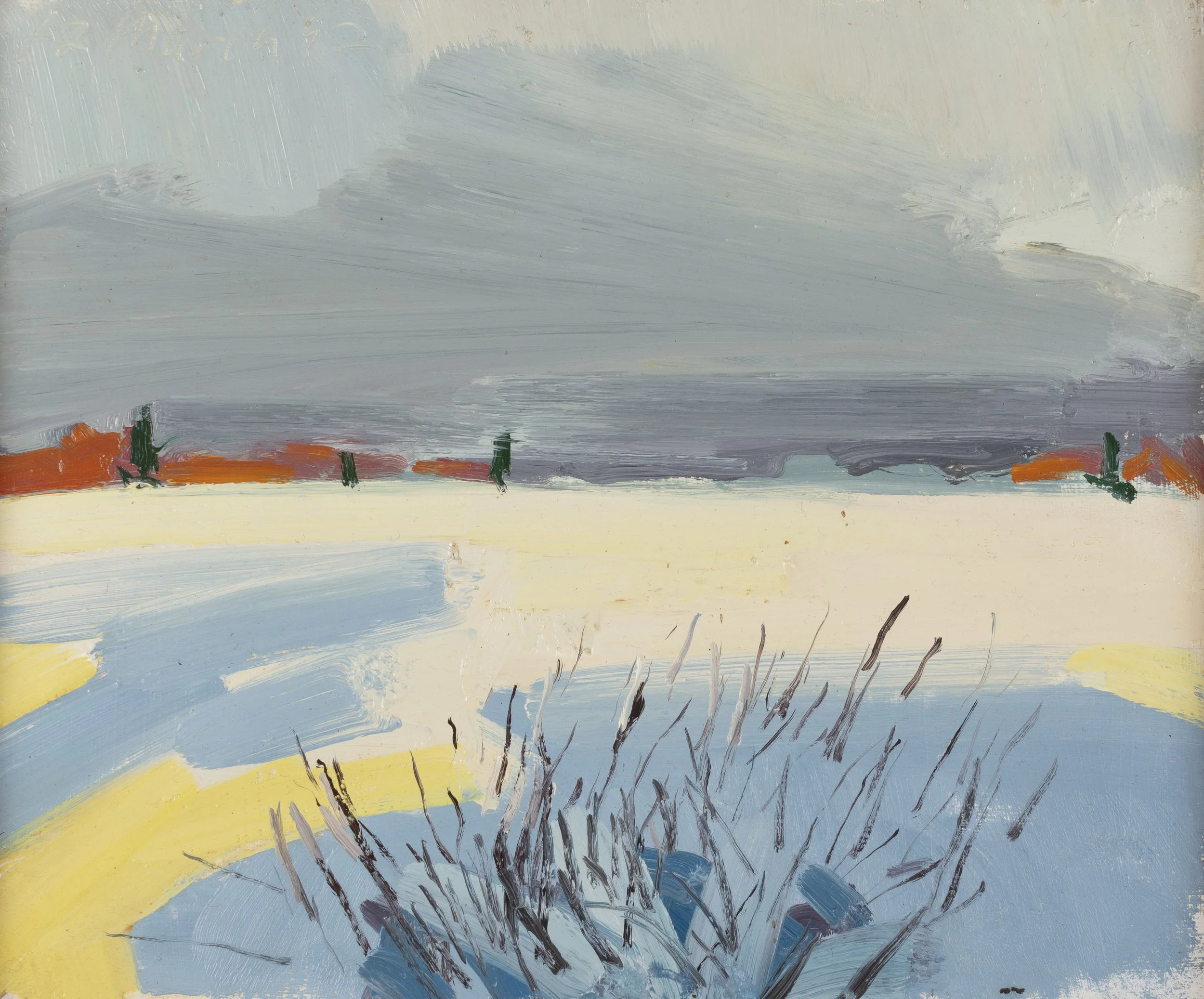 An abstract painting with broad strokes of light blue, gray, yellow, and orange, featuring dark lines representing grass or plants in the foreground.
