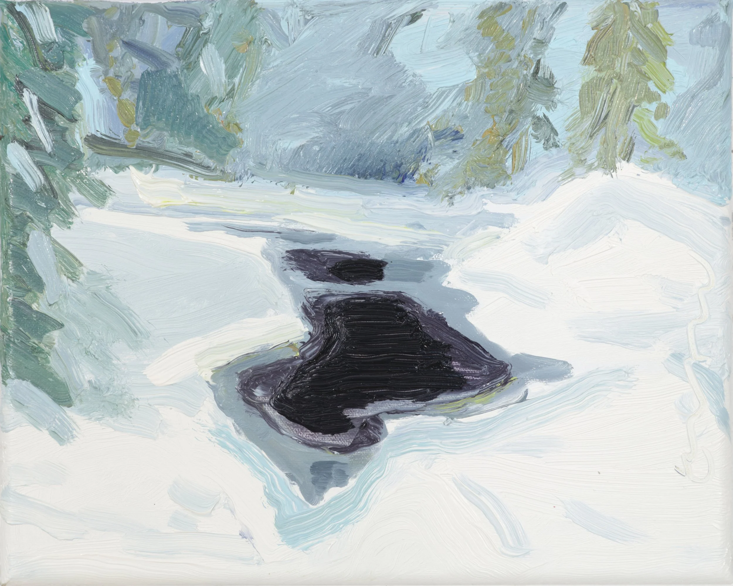 Abstract impressionist painting featuring broad brushstrokes in muted colors, depicting a snowy pathway surrounded by trees on a winter day.
