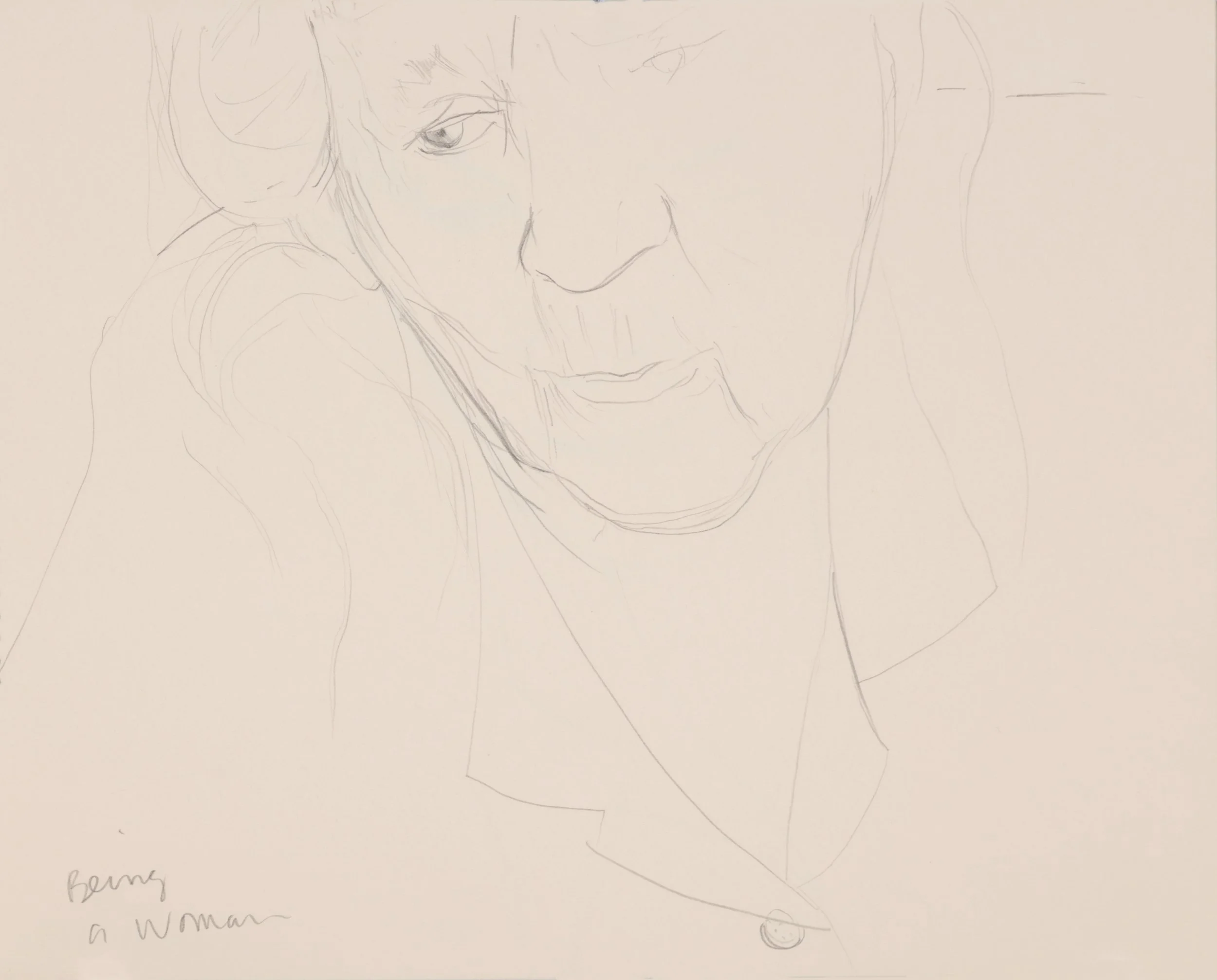 A minimalist pencil sketch of a woman's face, focusing on her eyes, nose, and lips, with the words "being a woman" handwritten below.