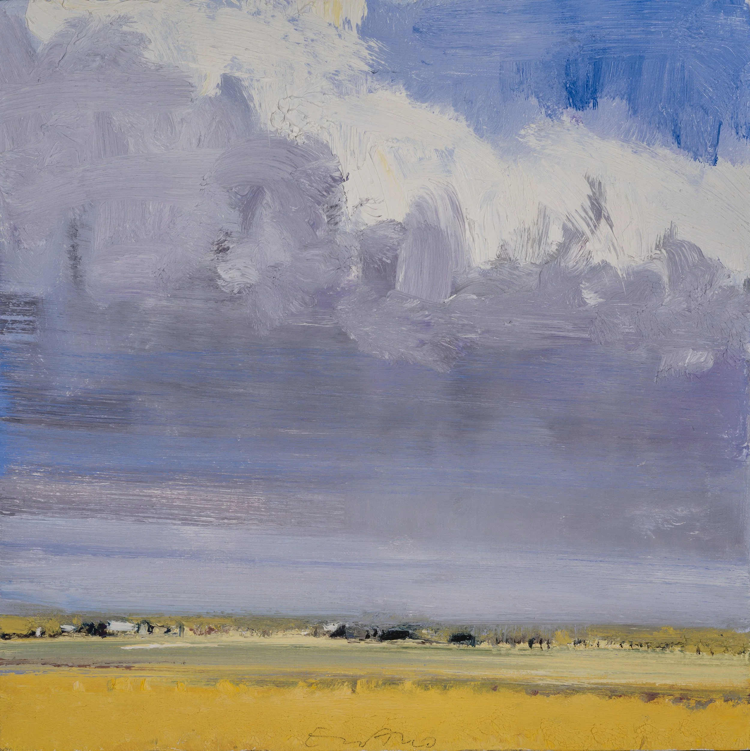 Abstract landscape painting with layers of color: yellow at the bottom, transitioning to green, blue, purple, white, and gray towards the top, with textured brushstrokes.