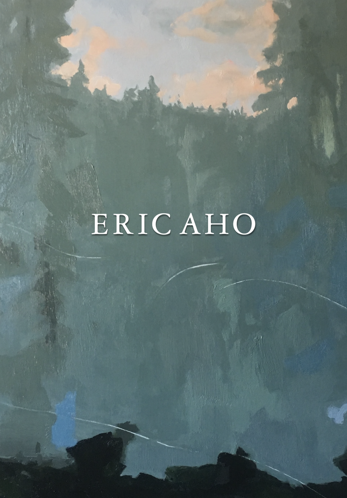 Cover of a book titled 'Eric Aho' with a landscape painting background featuring clouds, trees, and water in a natural scene.