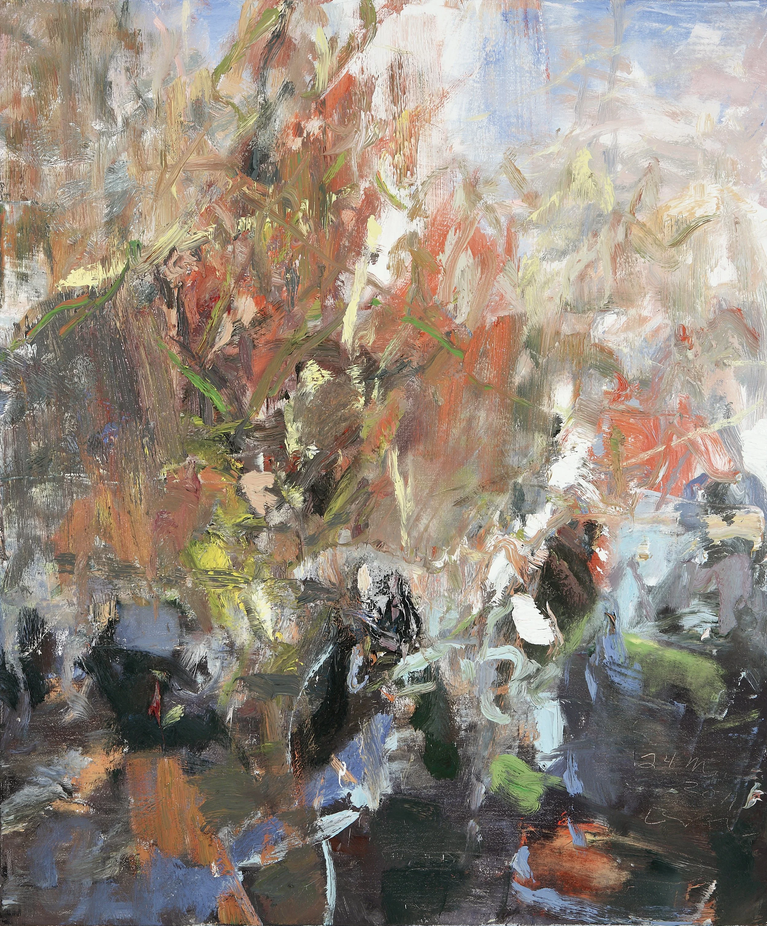 An abstract painting with thick brushstrokes in shades of brown, gray, green, blue, and white, creating a textured and dynamic composition.