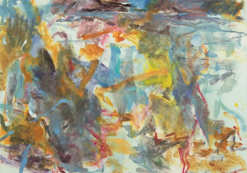 Abstract painting with swirls and splashes of multicolored paint, including blue, yellow, orange, pink, purple, and brown.