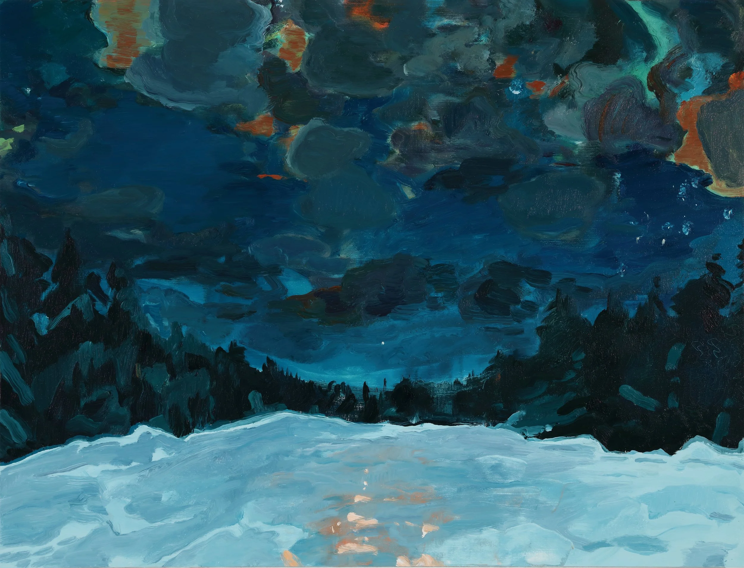 Abstract painting with dark blue, teal, orange, and black swirling brushstrokes.