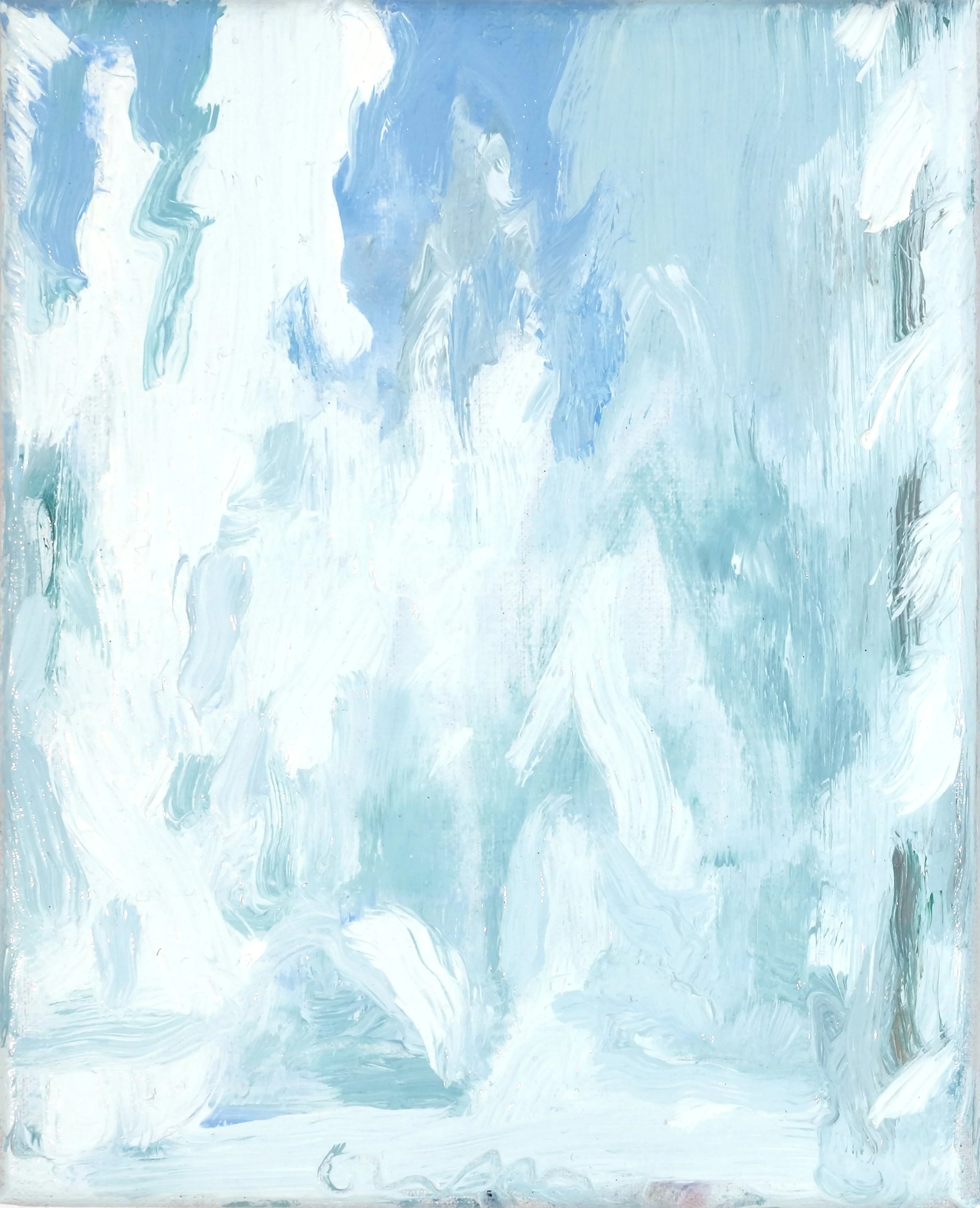 Abstract painting with various shades of blue, white, and hints of teal, with broad brushstrokes creating a textured effect.