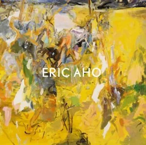 Abstract painting with yellow, white, black, and gray brushstrokes and the name 'Eric Aho' centered in the middle.