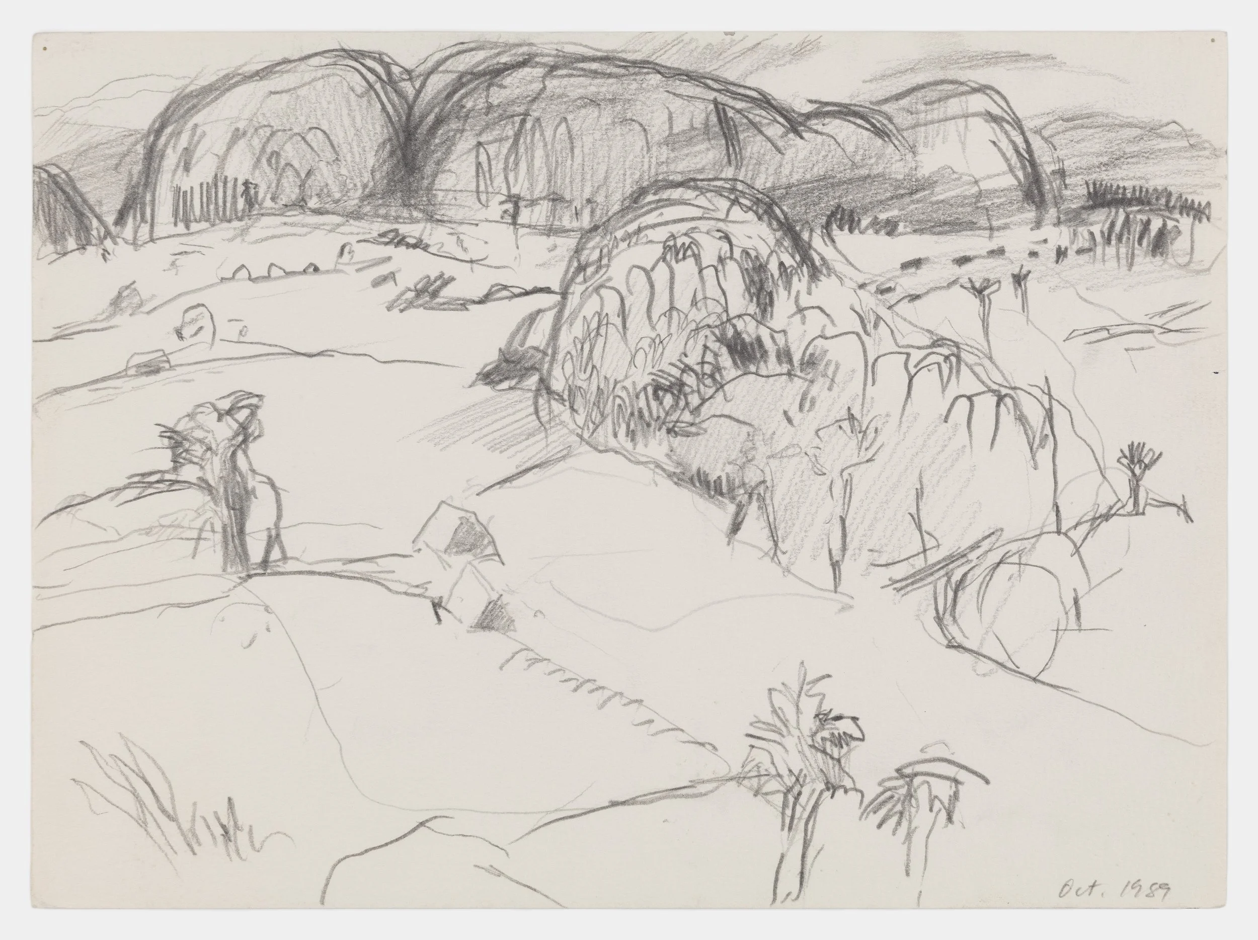 A pencil sketch of a mountainous landscape with a large hill or mountain in the background, several trees and rocks in the foreground, and a date written in the bottom right corner.