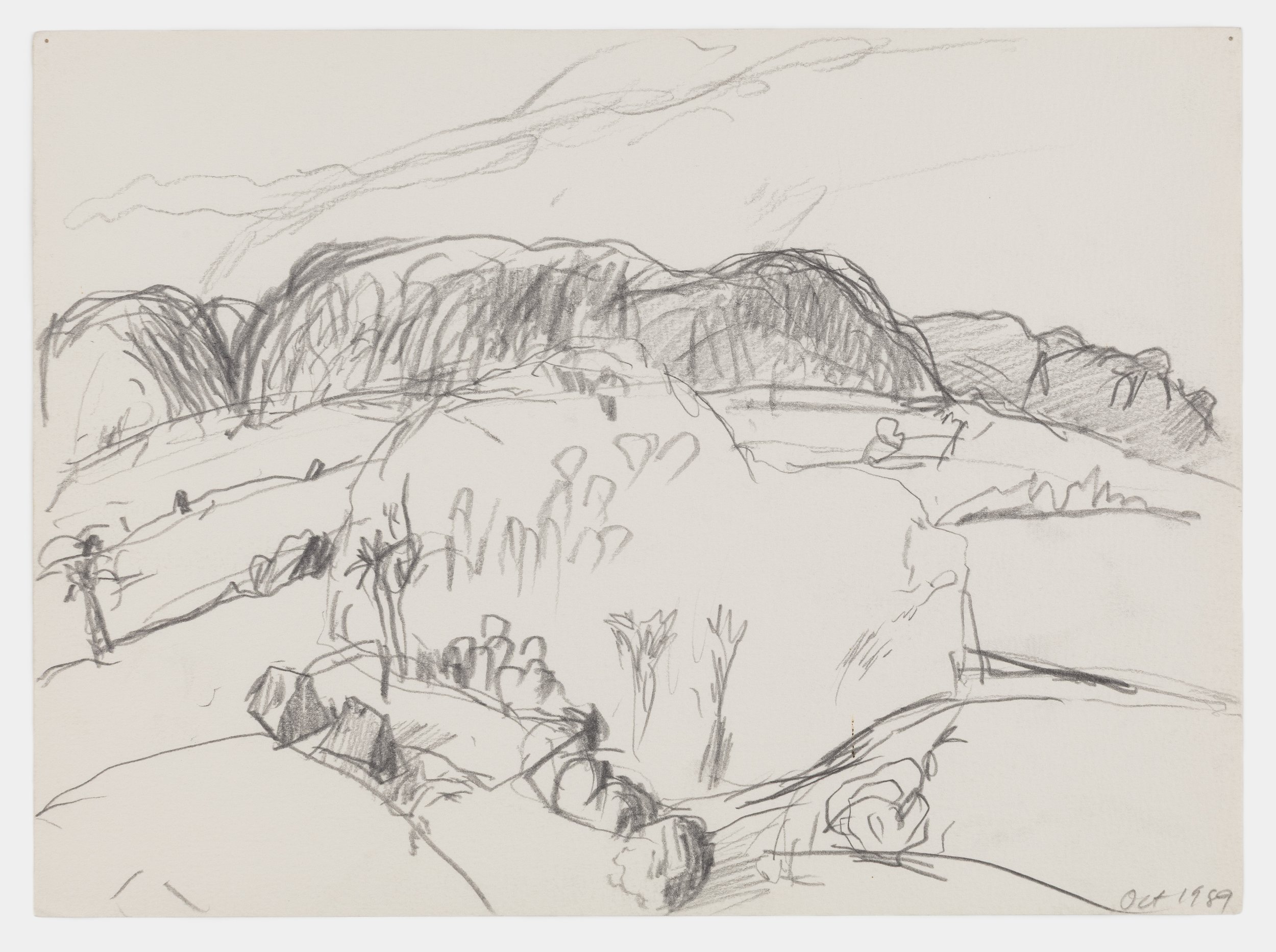 A black and white drawing of a landscape featuring a mountain range in the background, a large tree in the foreground, and a grassy area with scattered smaller trees and rocks.