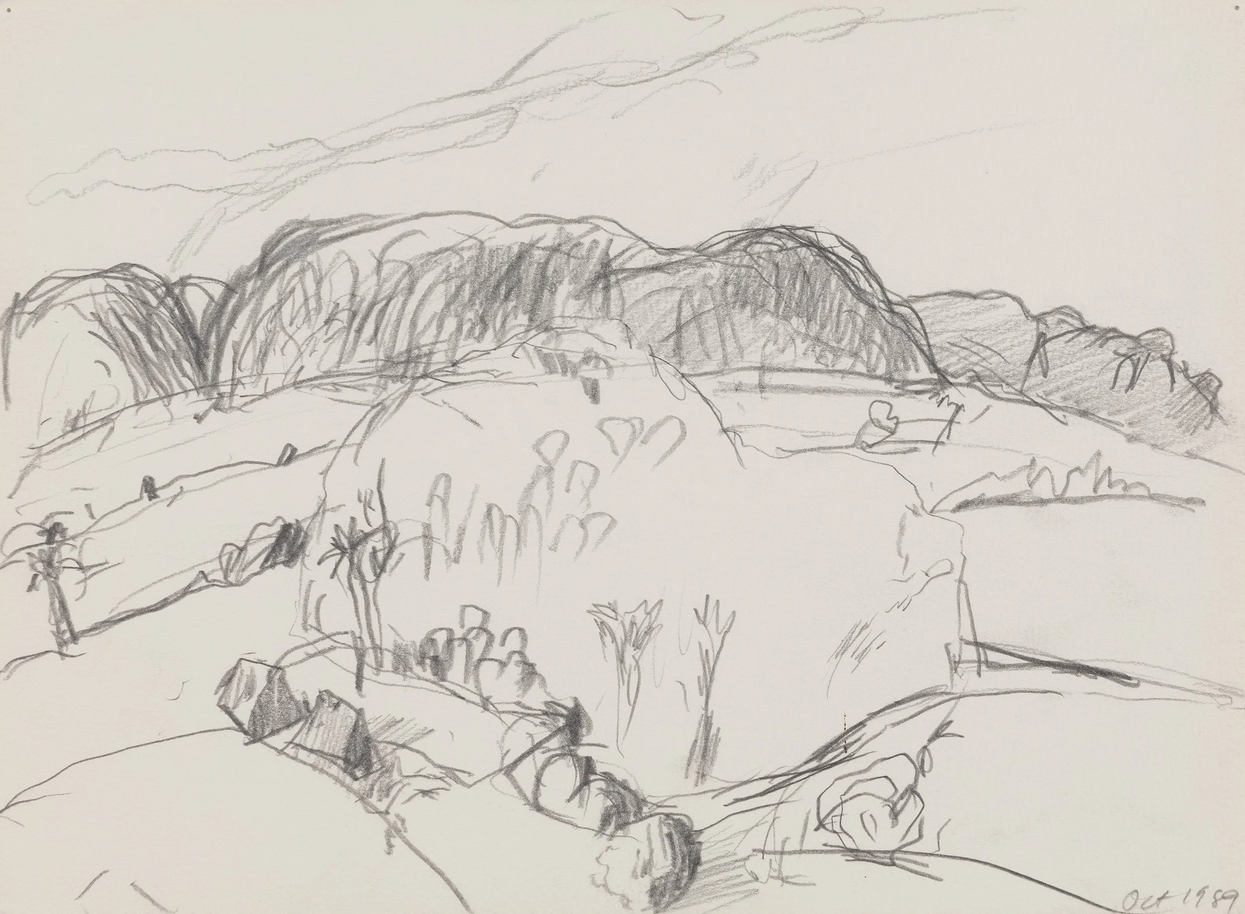 A landscape drawing in pencil depicting mountains, trees, and a sky with some clouds.
