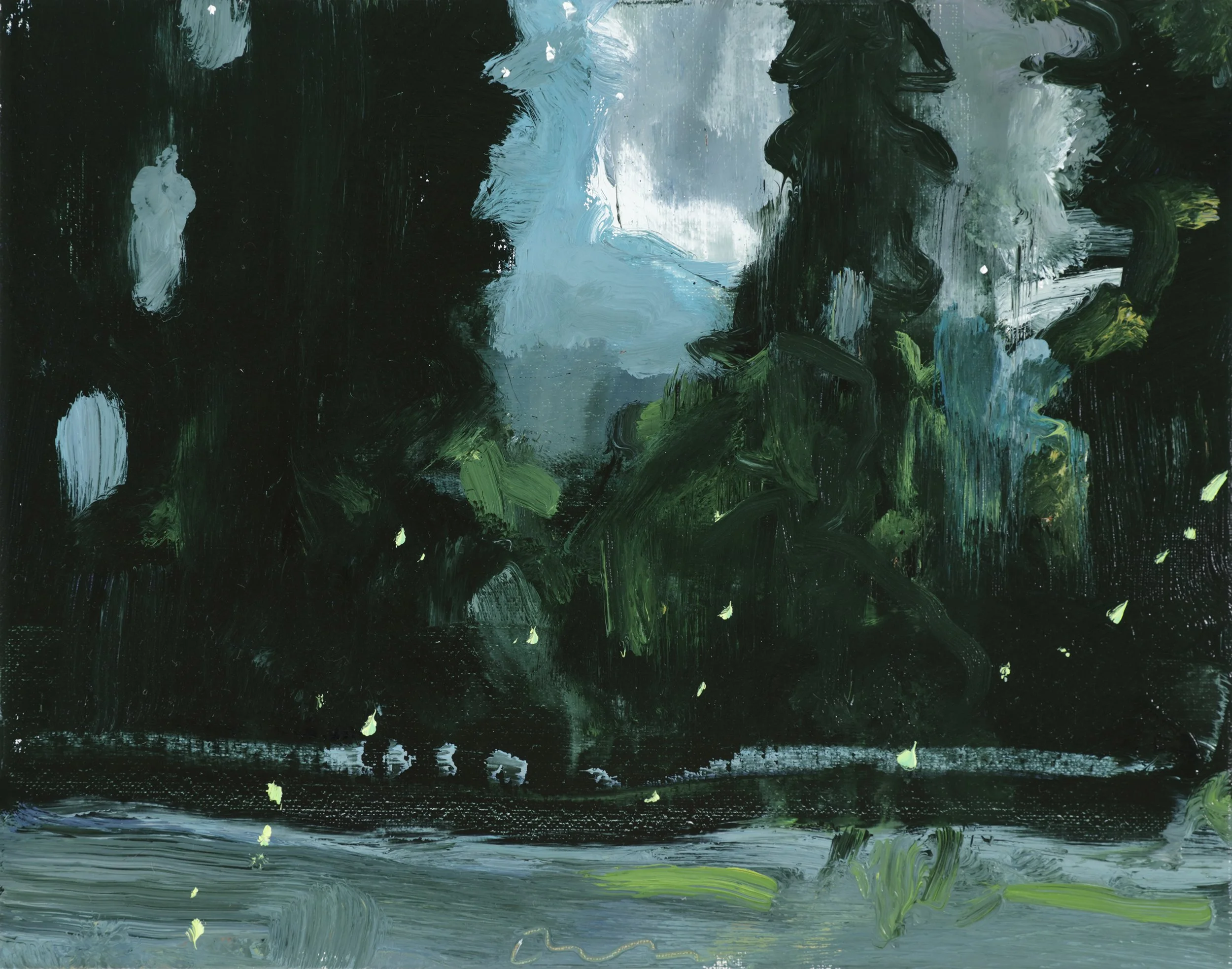 An abstract painting with thick brushstrokes in shades of dark green, black, white, and light blue, depicting a landscape-like scene with a sky and water reflections.