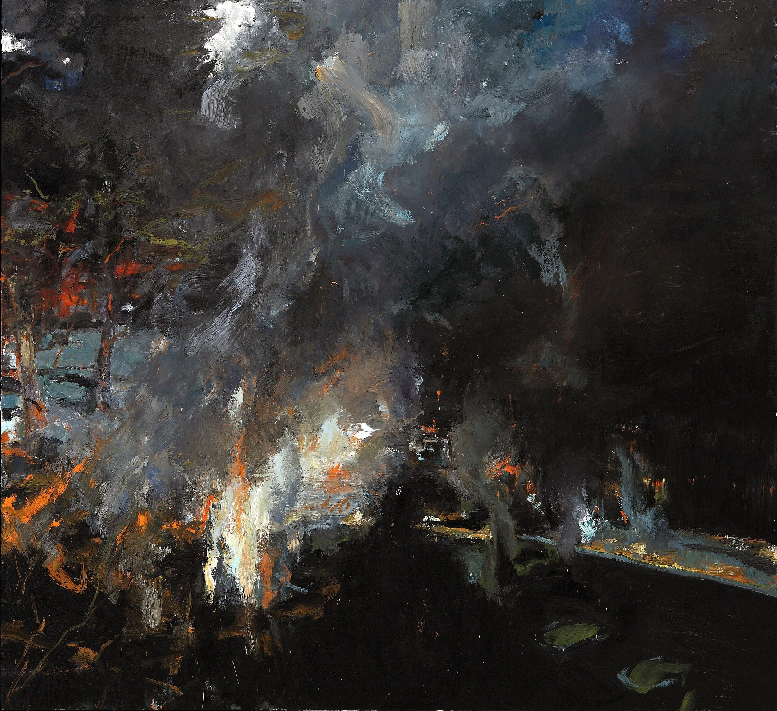 Abstract painting featuring dark tones of black, gray, and hints of orange and blue, with visible brushstrokes and textured appearance.