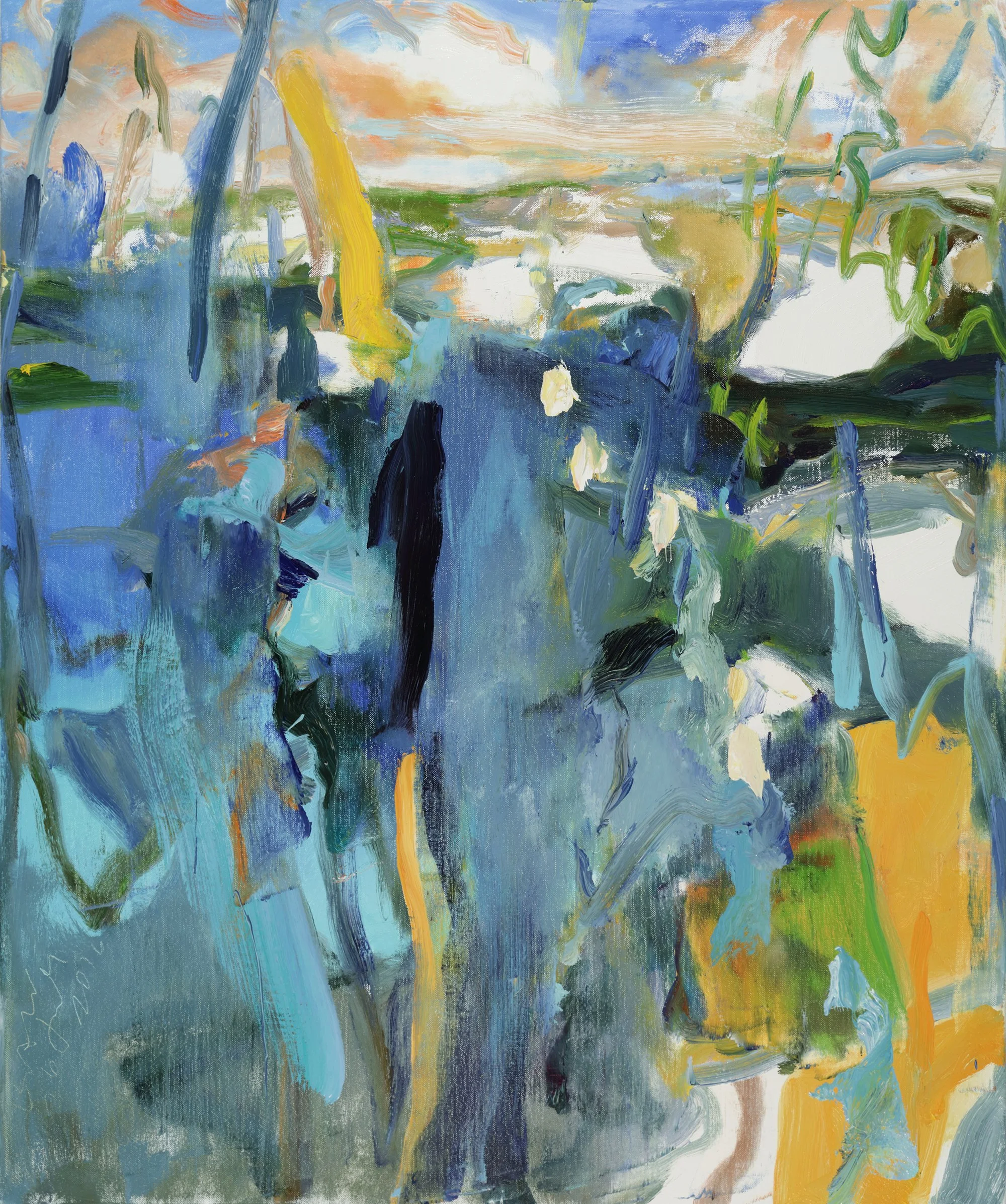 Abstract watercolor painting with bold brushstrokes in shades of blue, green, yellow, and orange.