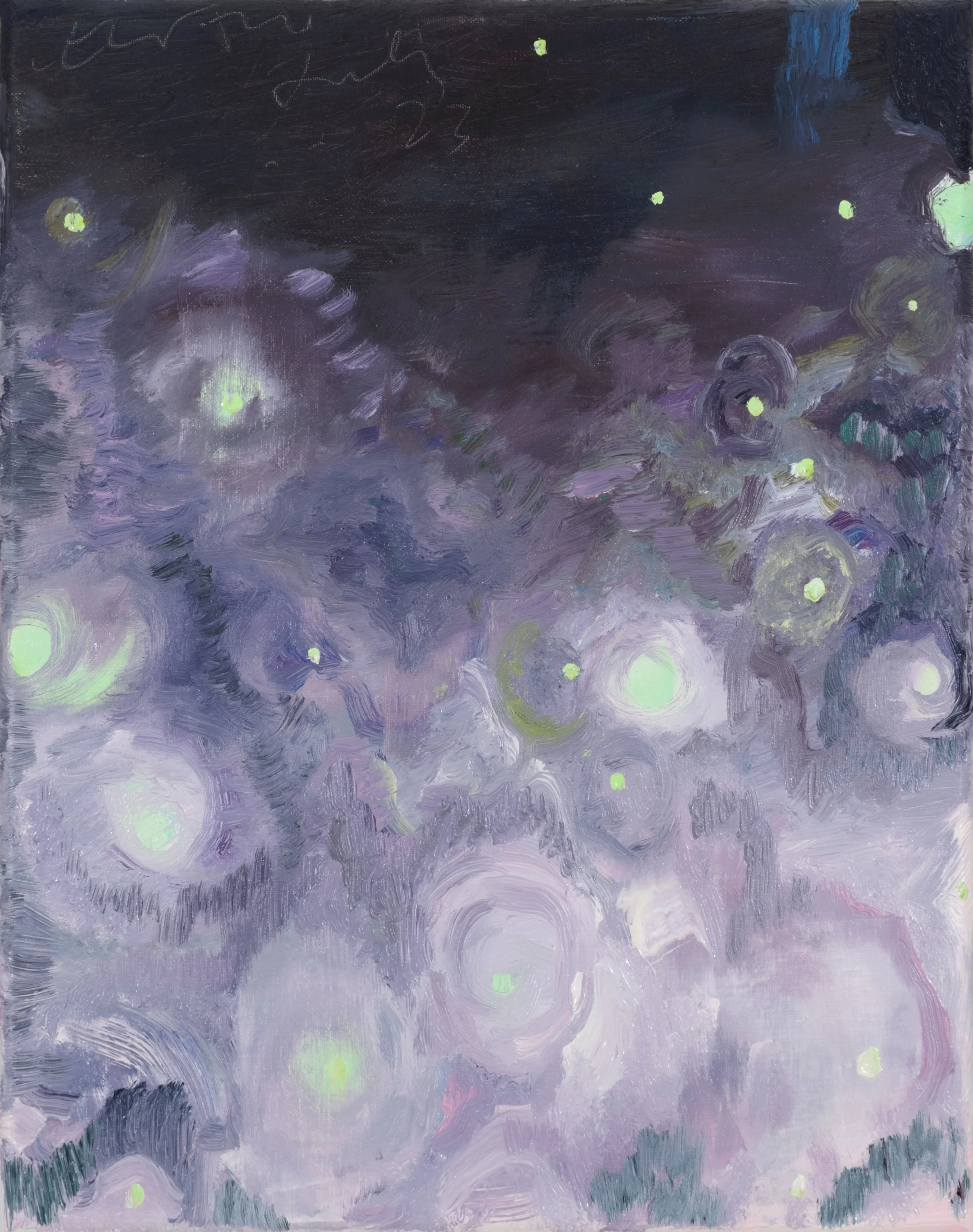 Impressionist painting of a night sky with stars and swirling clouds in shades of purple, black, and green, reminiscent of Van Gogh's 'Starry Night'.