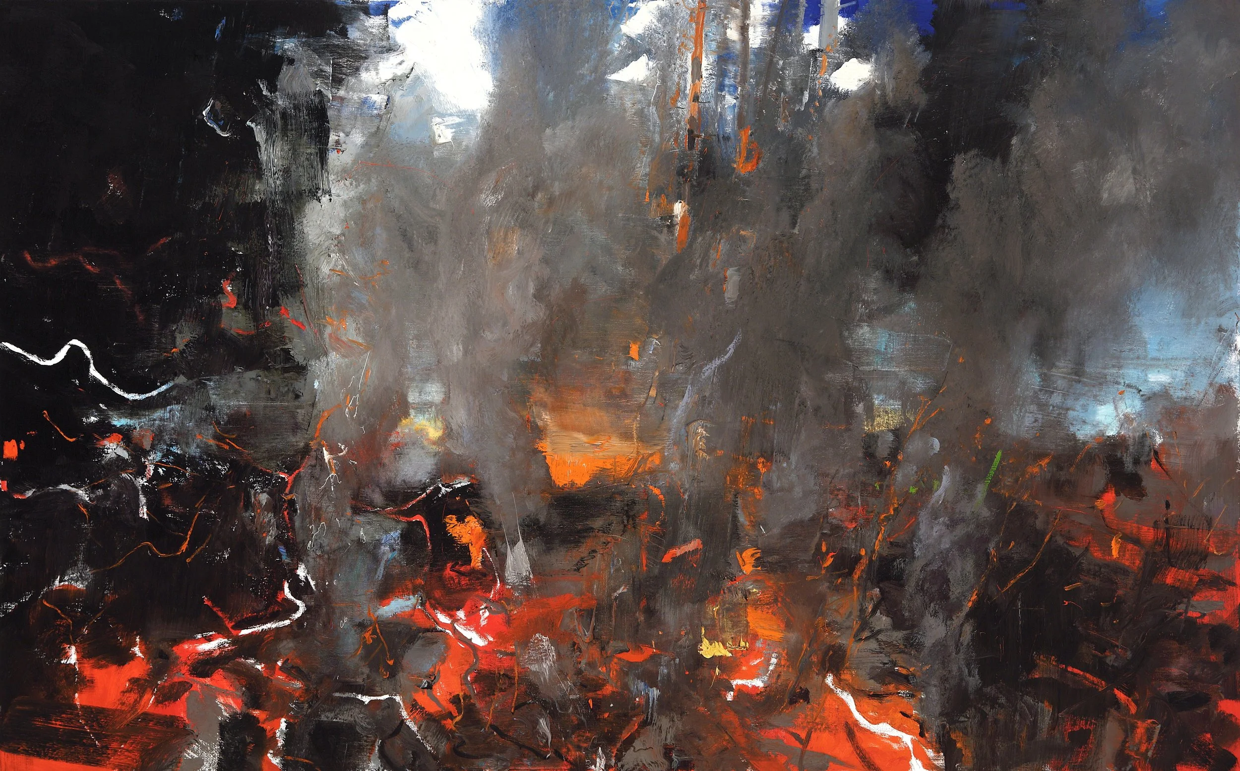 Abstract expressionist painting with dark tones, splashes of orange, white, and blue, creating a textured and dynamic composition.
