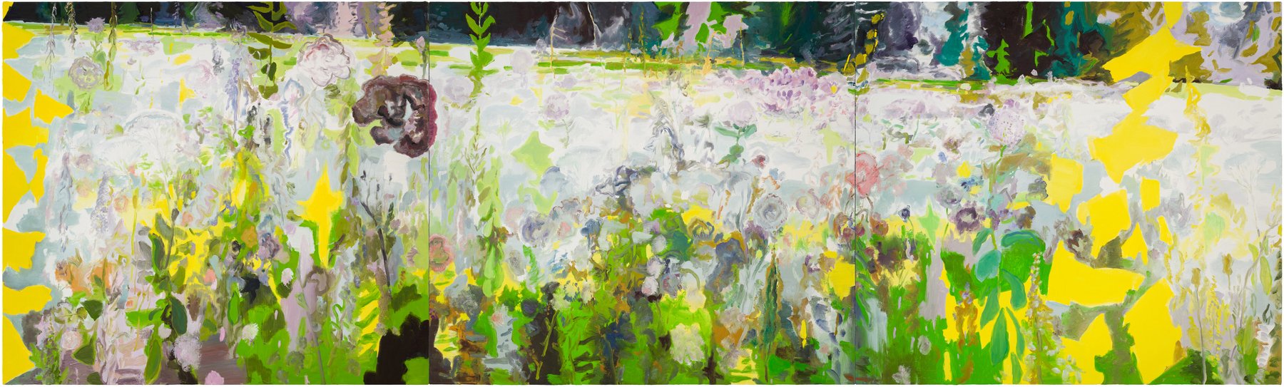 Abstract painting of a garden scene with various colorful flowers, greenery, and a bright yellow background.