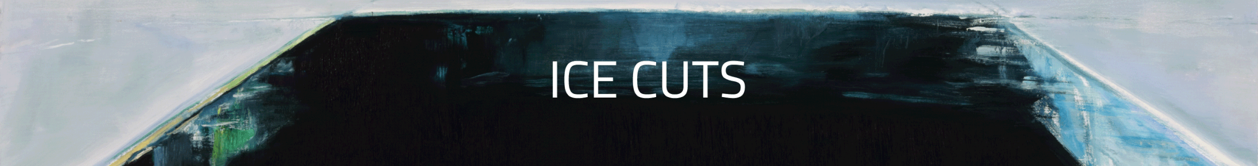 Close-up of a sign that reads "ICE CUTS" with a background of ice and possibly a glacier.