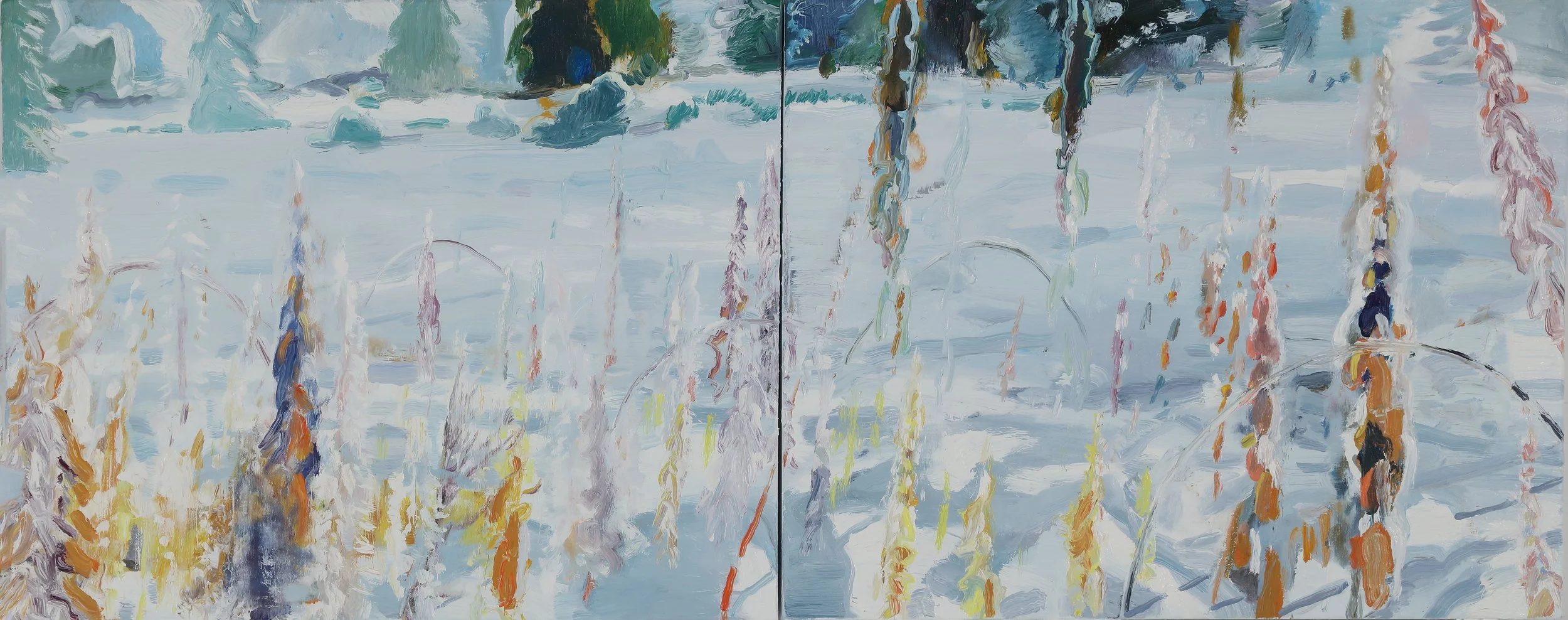 A painting of a winter landscape with snow-covered ground, trees in the background, and colorful vertical poles or structures in the foreground.