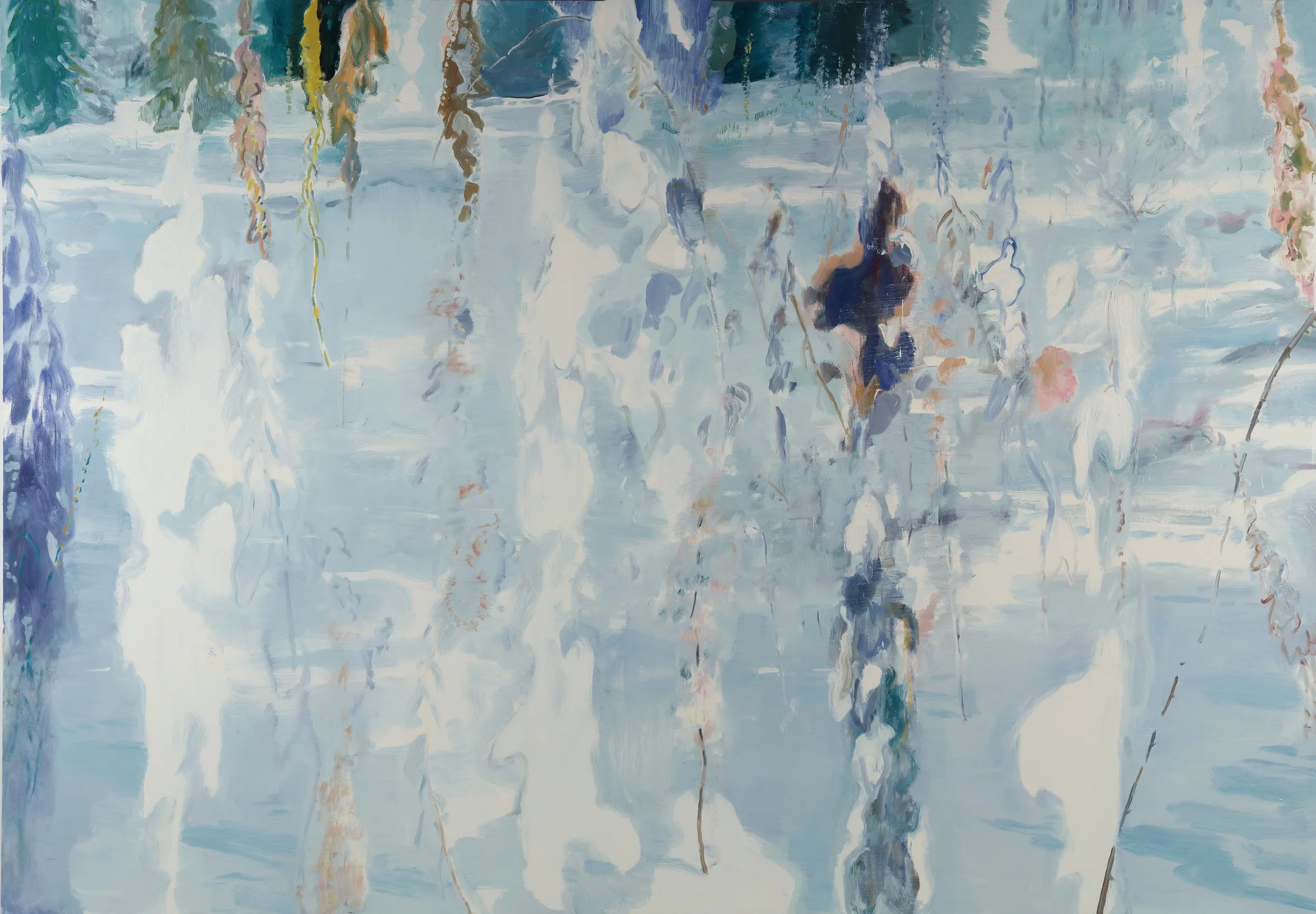 Abstract painting with blue, white, and brown hues, featuring vertical brushstrokes and hanging vine-like elements.