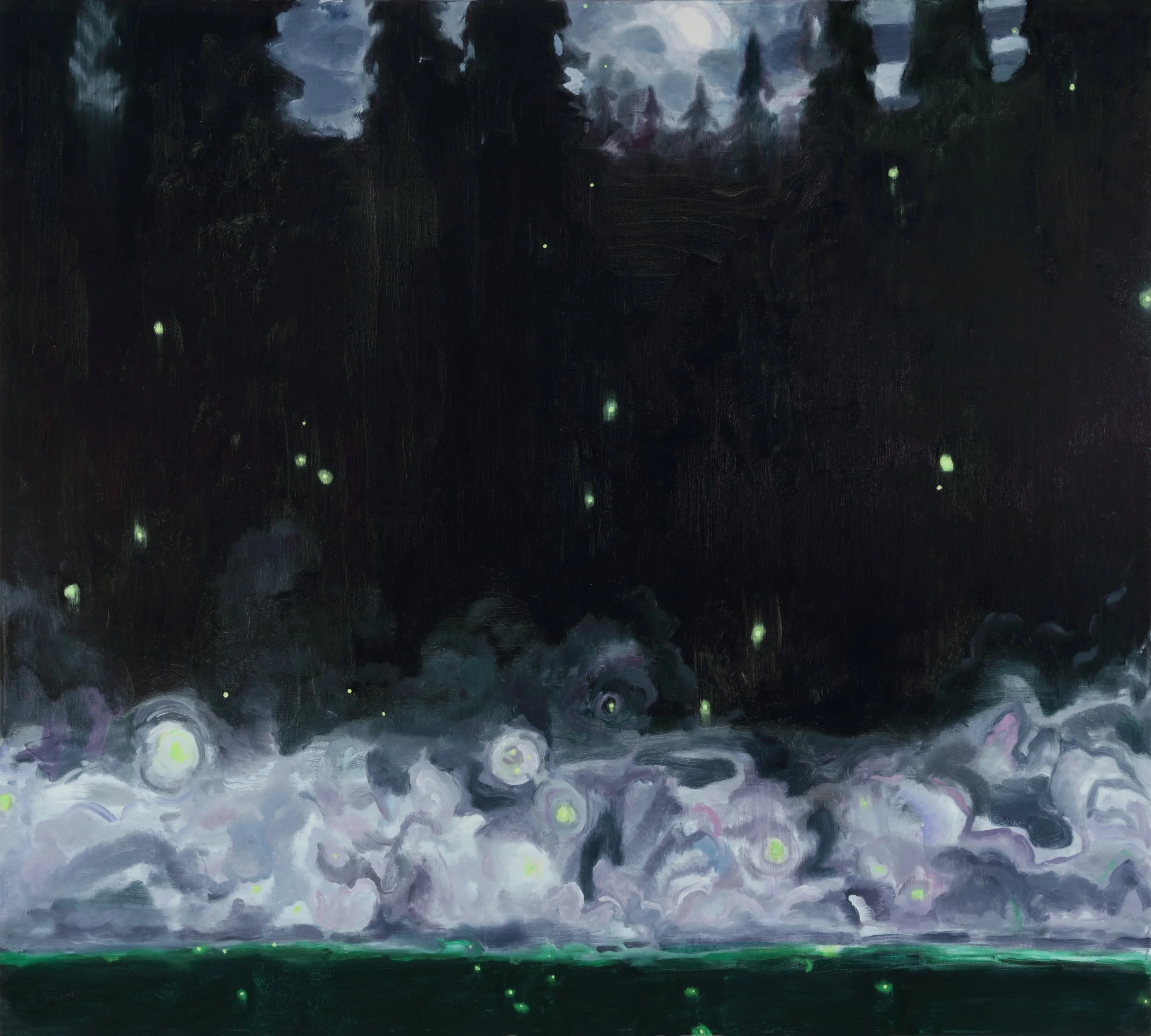 A painting depicting a night scene with dark trees and a cloudy sky, illuminated by glowing fireflies scattered across the scene.