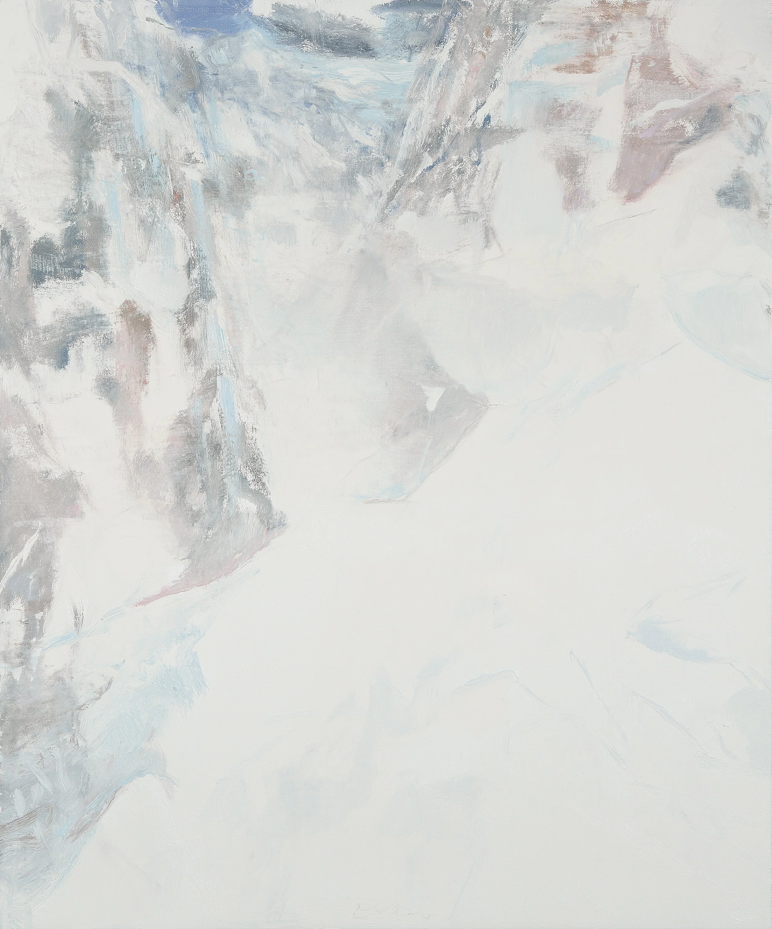 Abstract painting with shades of blue, gray, and white, featuring rough textured strokes and softer blended areas.