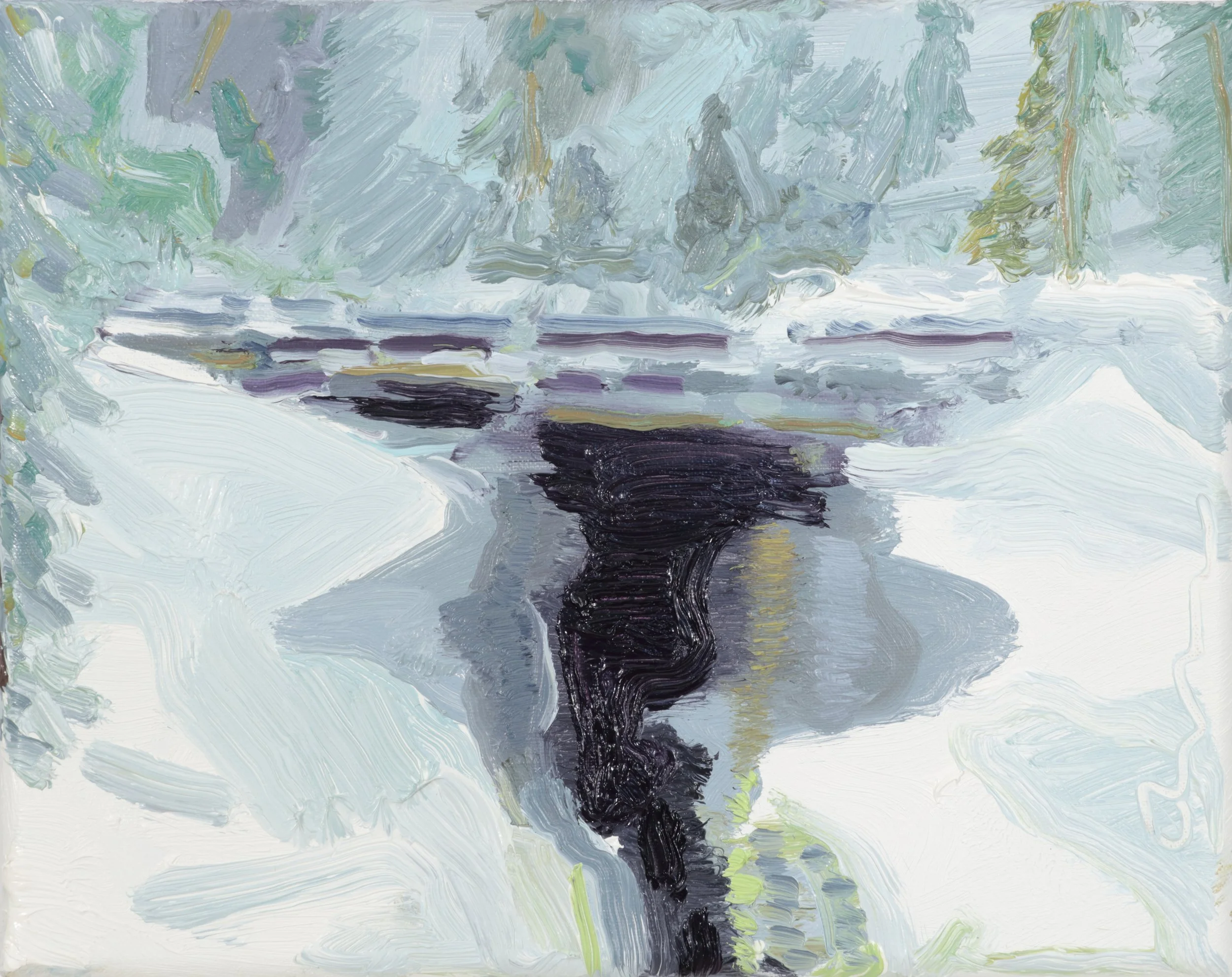 A painting of a tornado with dark swirling clouds in the sky, surrounded by trees, snow, and light colors, representing a stormy weather scene.