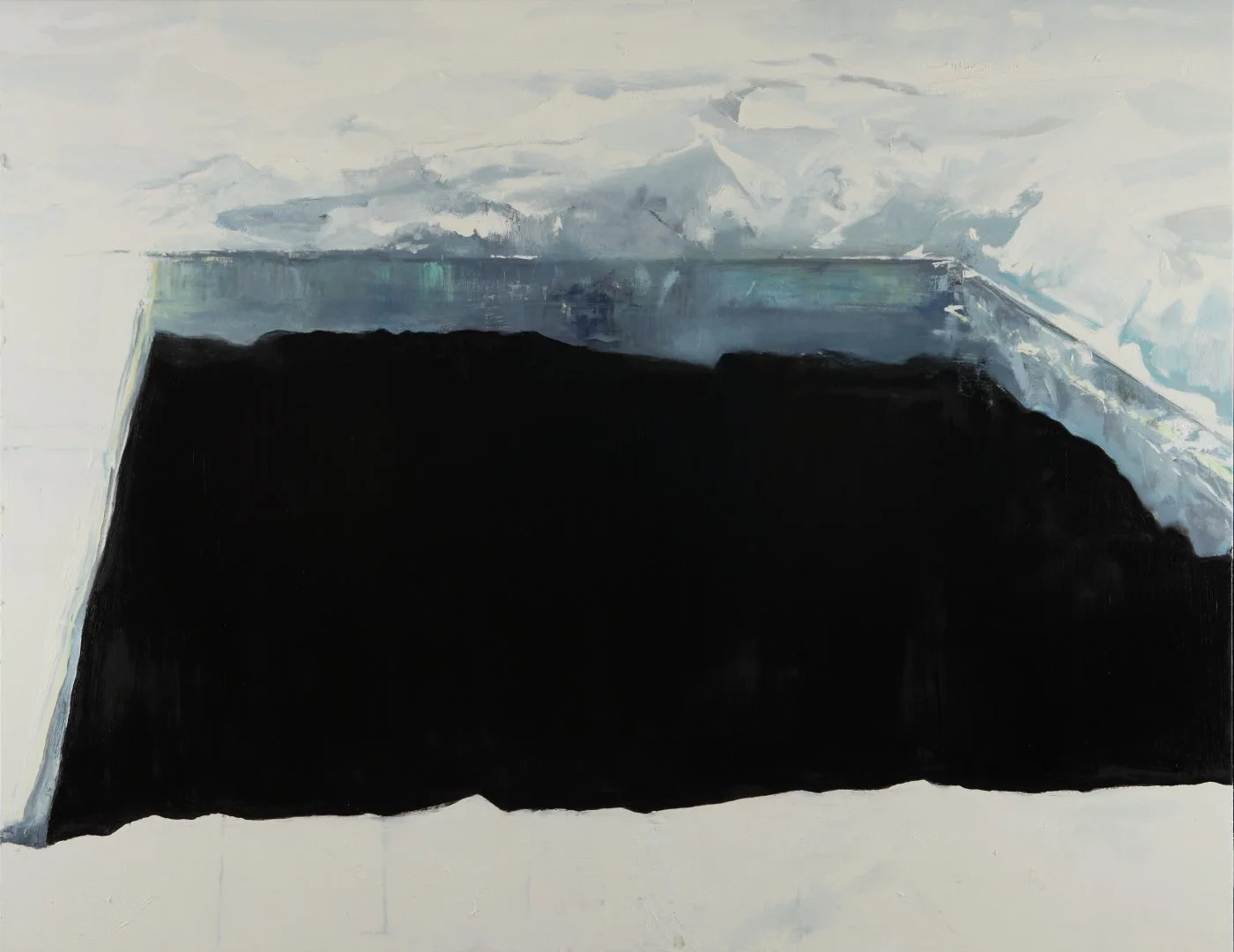 Abstract painting with a black rectangular shape in the foreground and shades of blue and white in the background.