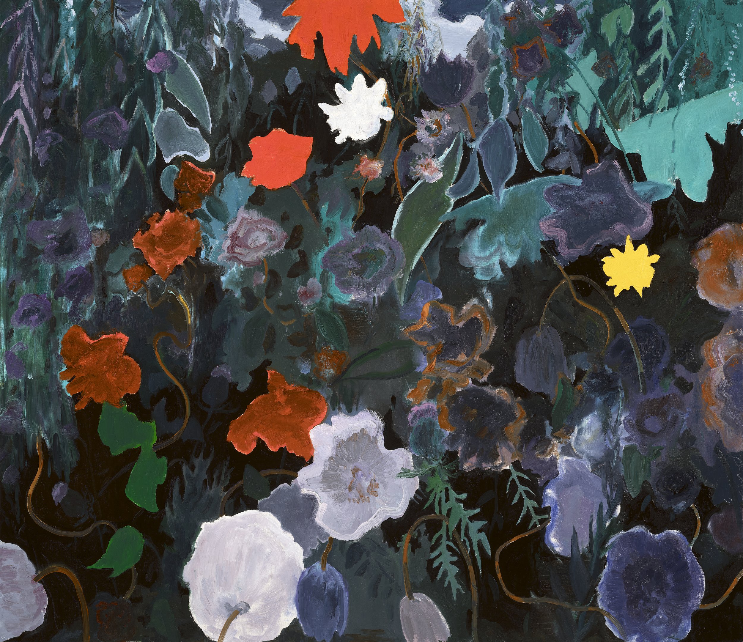 A colorful painting of a forest scene with various flowers and leaves, mostly in dark green, purple, orange, white, and yellow hues.