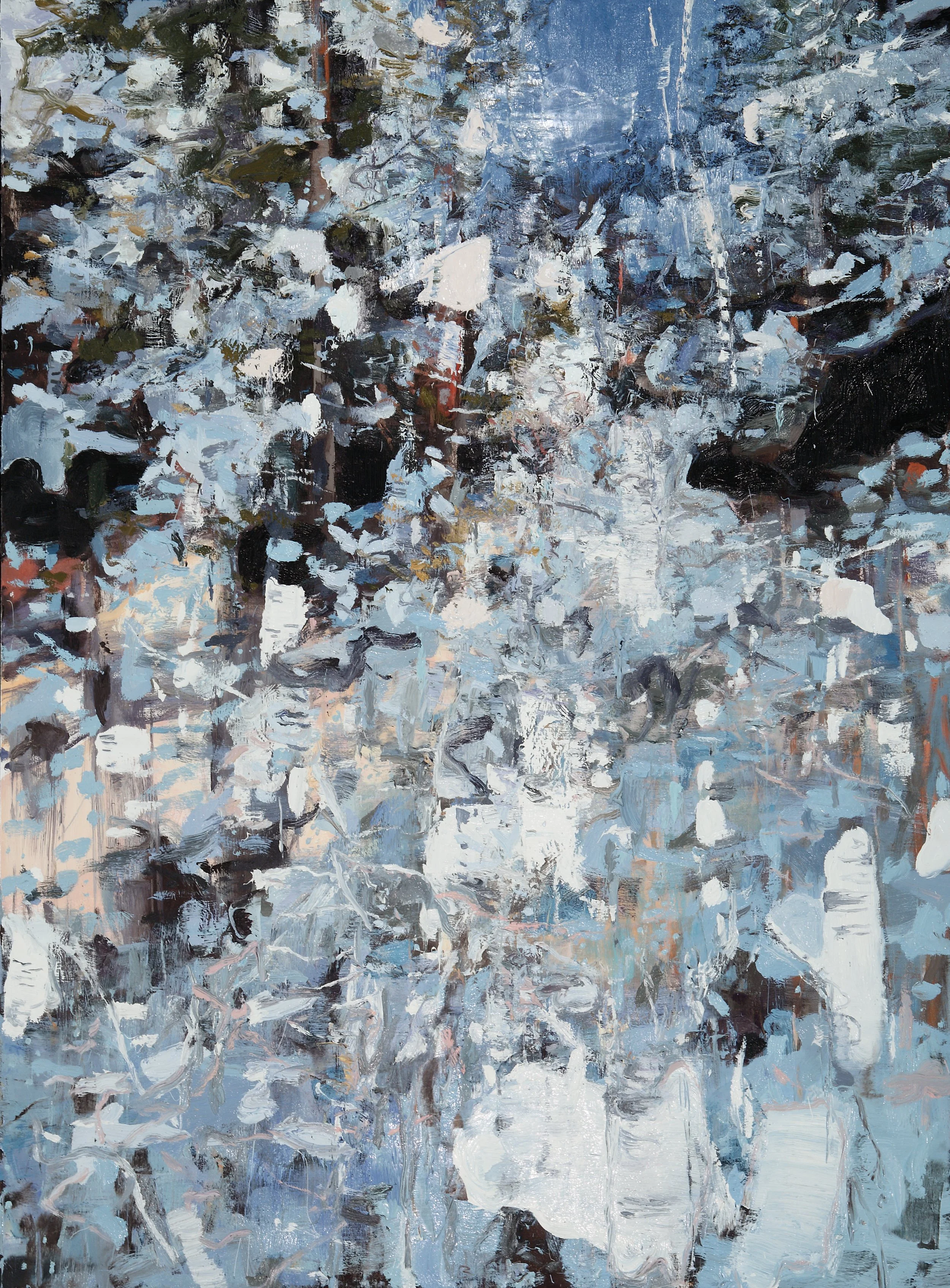 An impressionistic painting of a snowy forest scene with white-pink and blue snow-covered trees and a snow-covered path or clearing.